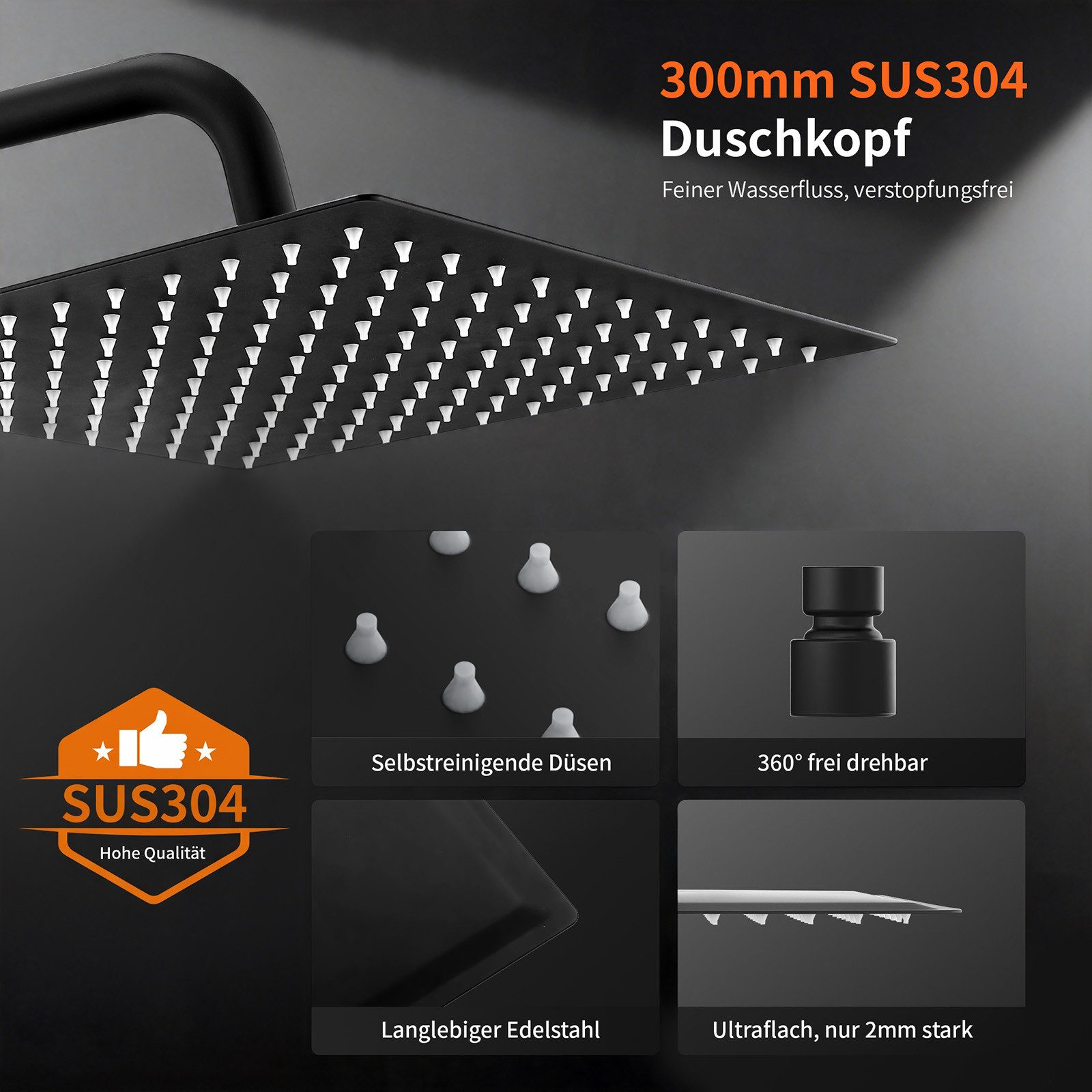 HOMELODY Duschsystem mit 30 cm SUS304 Regendusche und Duschablage, 5 Strahlarten Handbrause, höhenverstellbar, ohne Neubohren, Schwarz – Bild 5 von 5