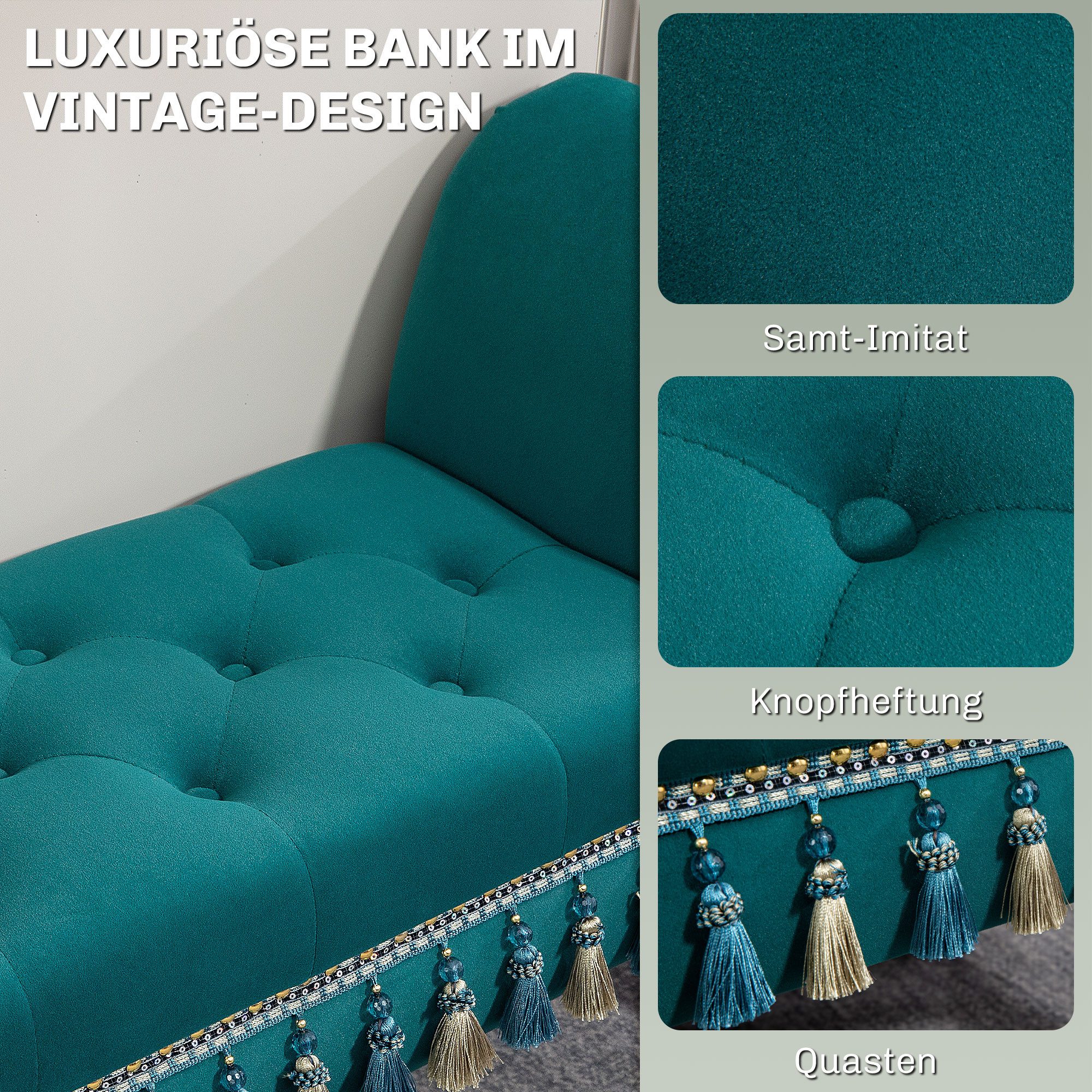 HOMCOM Polsterbank Sitzbank mit Samt-Bezug, Armlehne mit Holzrahmen, Schuhbank (Sitzbank, 1-St., Flurbank), für Schlafzimmer, Grün – Bild 5 von 5
