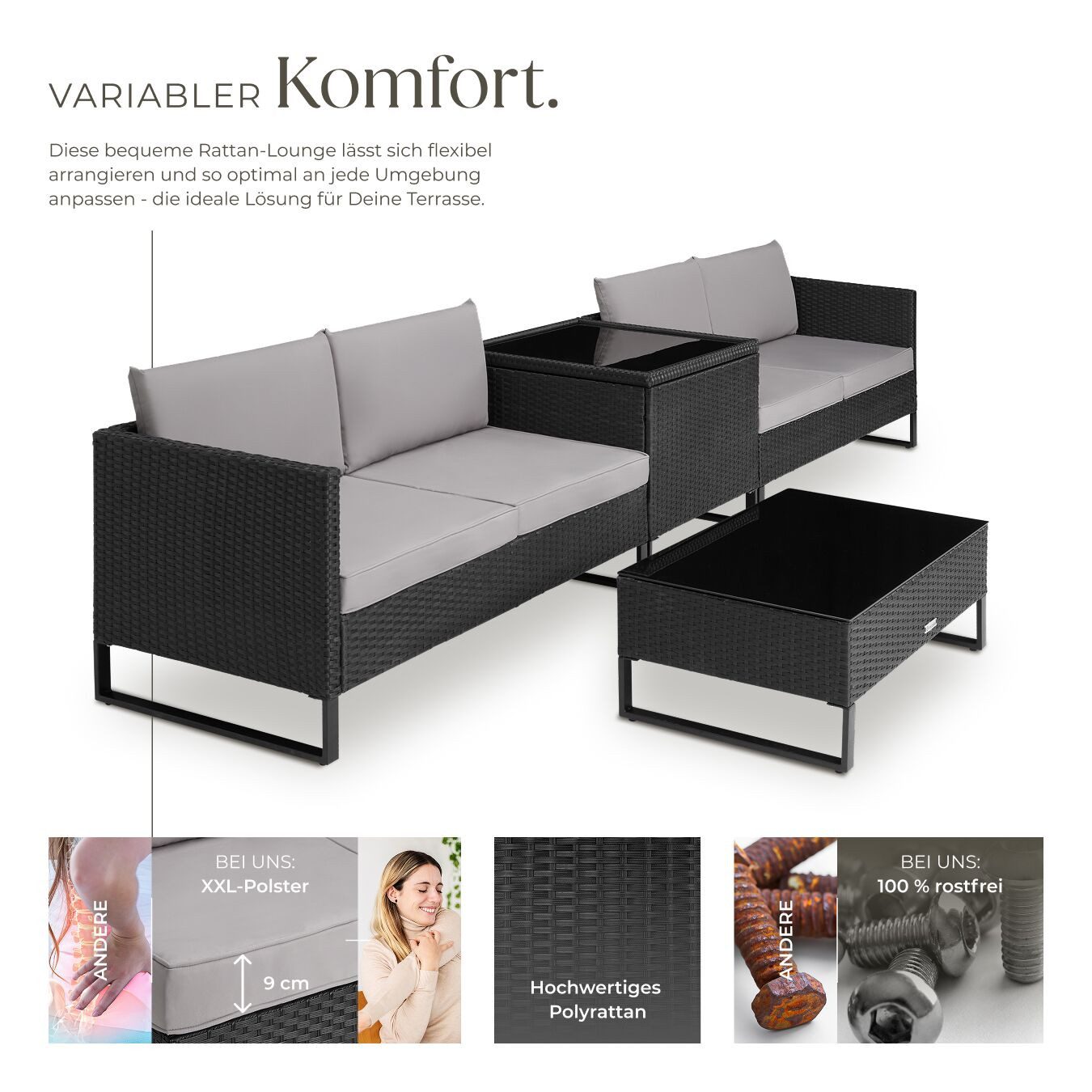 tectake Loungeset Rattan Sitzgruppe inkl. großer Aufbewahrungsbox, für 4 Personen, (Gartenlounge-set Ostuni, 4-tlg., geeignet für Outdoor in Schwarz), widerstandsfähig und UV-beständig, Dicke der Polster 9 cm