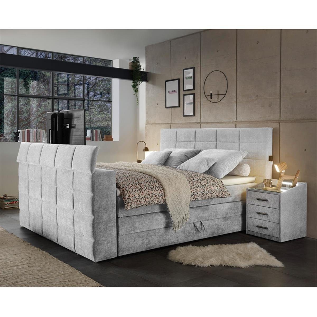 Lomadox Boxspringbett silver cm, Hotelbett Bettkasten, silber mit in 180x200 mit TV-Halterung, DURAZNO-09