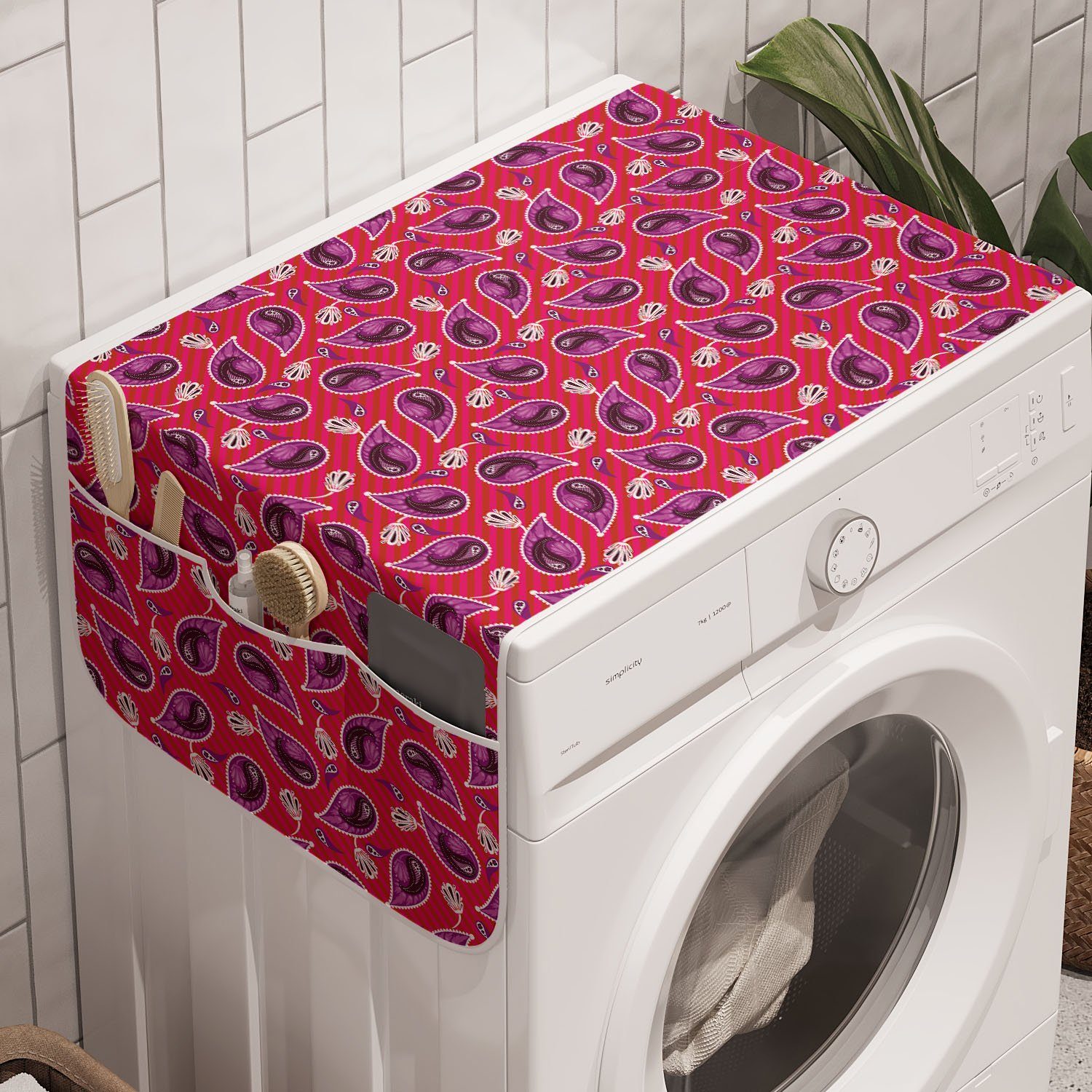 Abakuhaus Badorganizer Anti-Rutsch-Stoffabdeckung für Waschmaschine Blumenvolkskunst Trockner, auf Paisley und Streifen