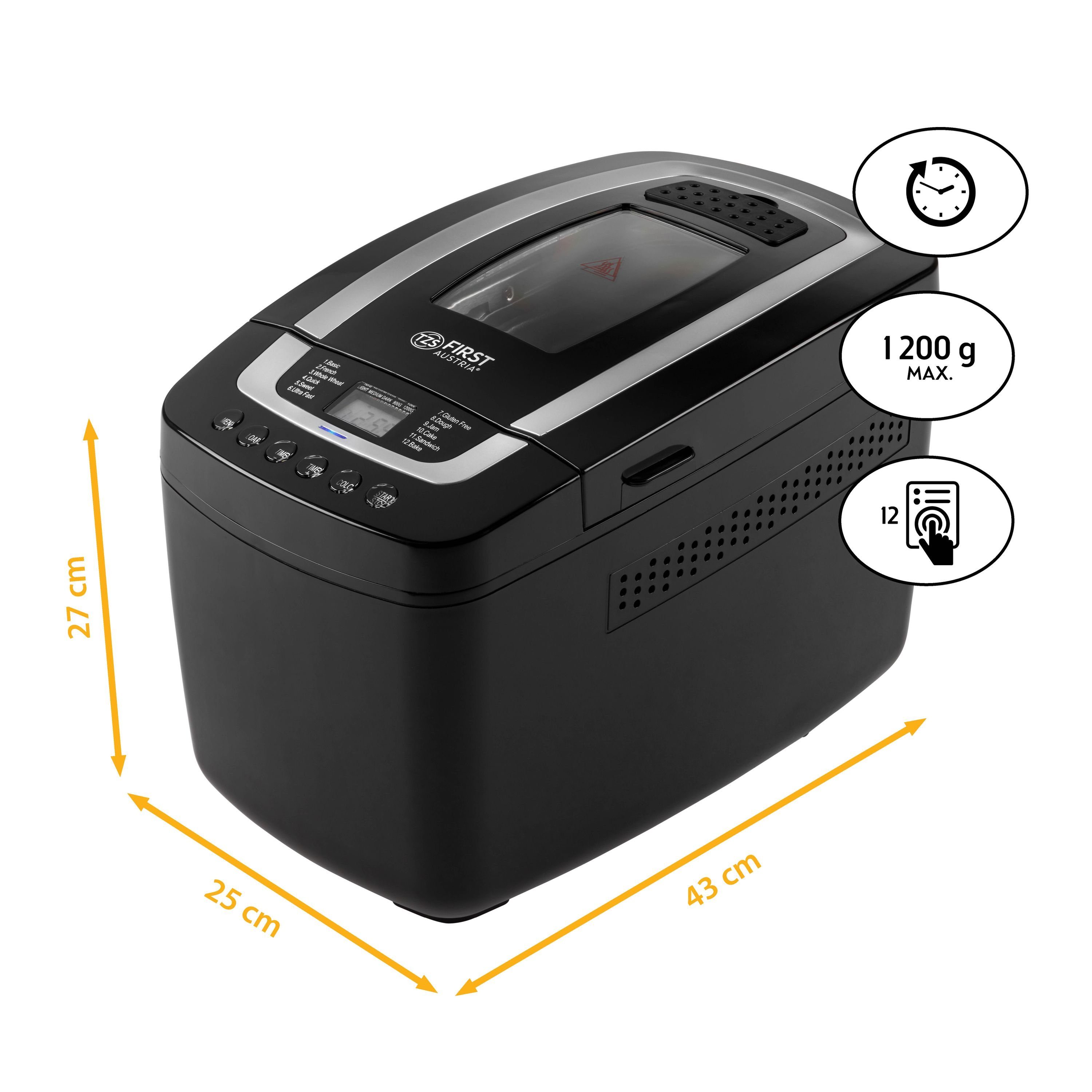 TZS FIRST AUSTRIA Brotbackautomat Brotbackmaschine, 750g Knethaken, inkl. 2 Timer, Antihaftbeschichtet,Sauerteig W, und 1250g Brot, Display, Brotbackautomat, mit automatisch, 800