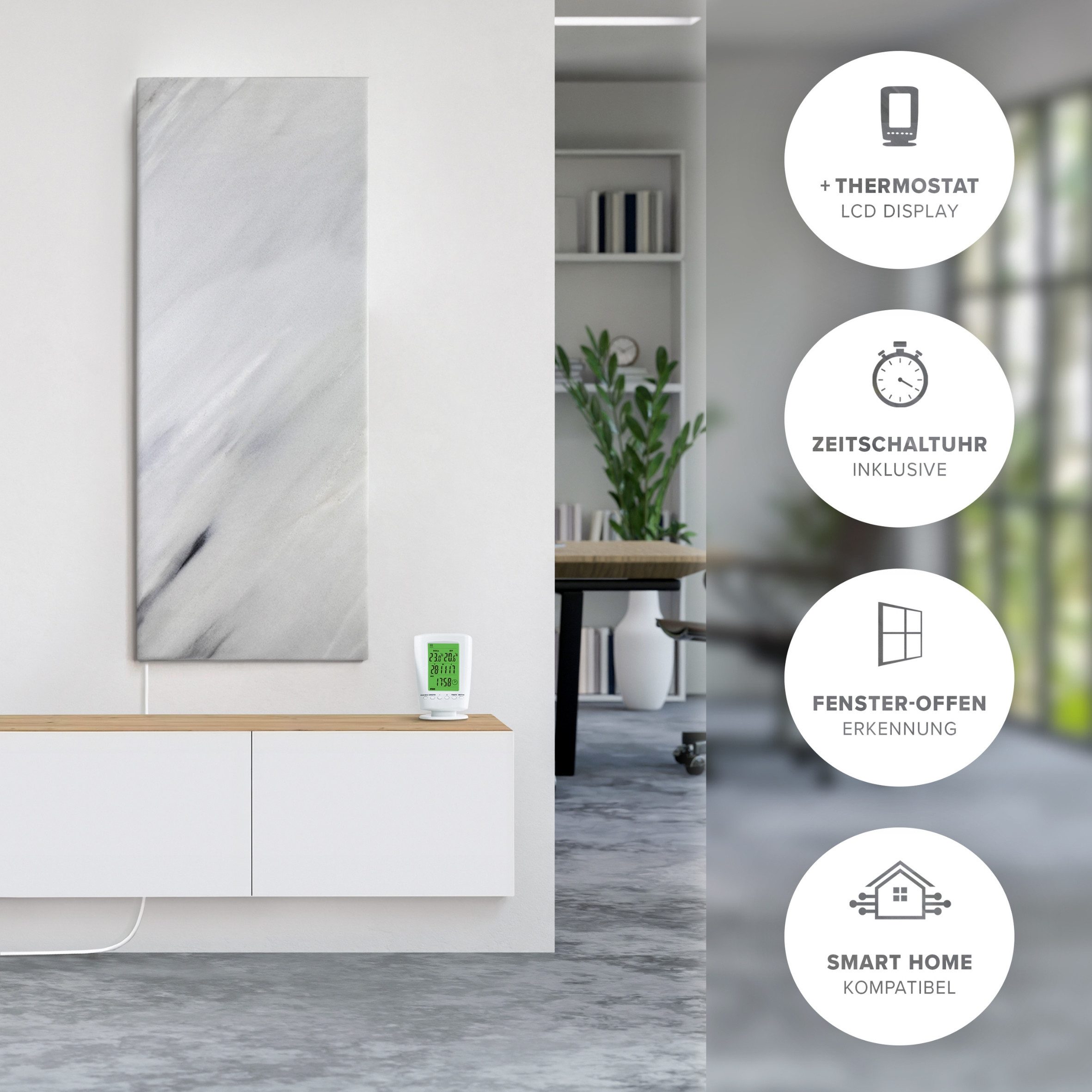 Marwona GmbH Infrarotheizung Marwona Bianco 800 W Natursteinheizung – wartungsfrei & energiesparend, Für Räume 10–25 m², Funk-Thermostat, Handgefertigt in Deutschland