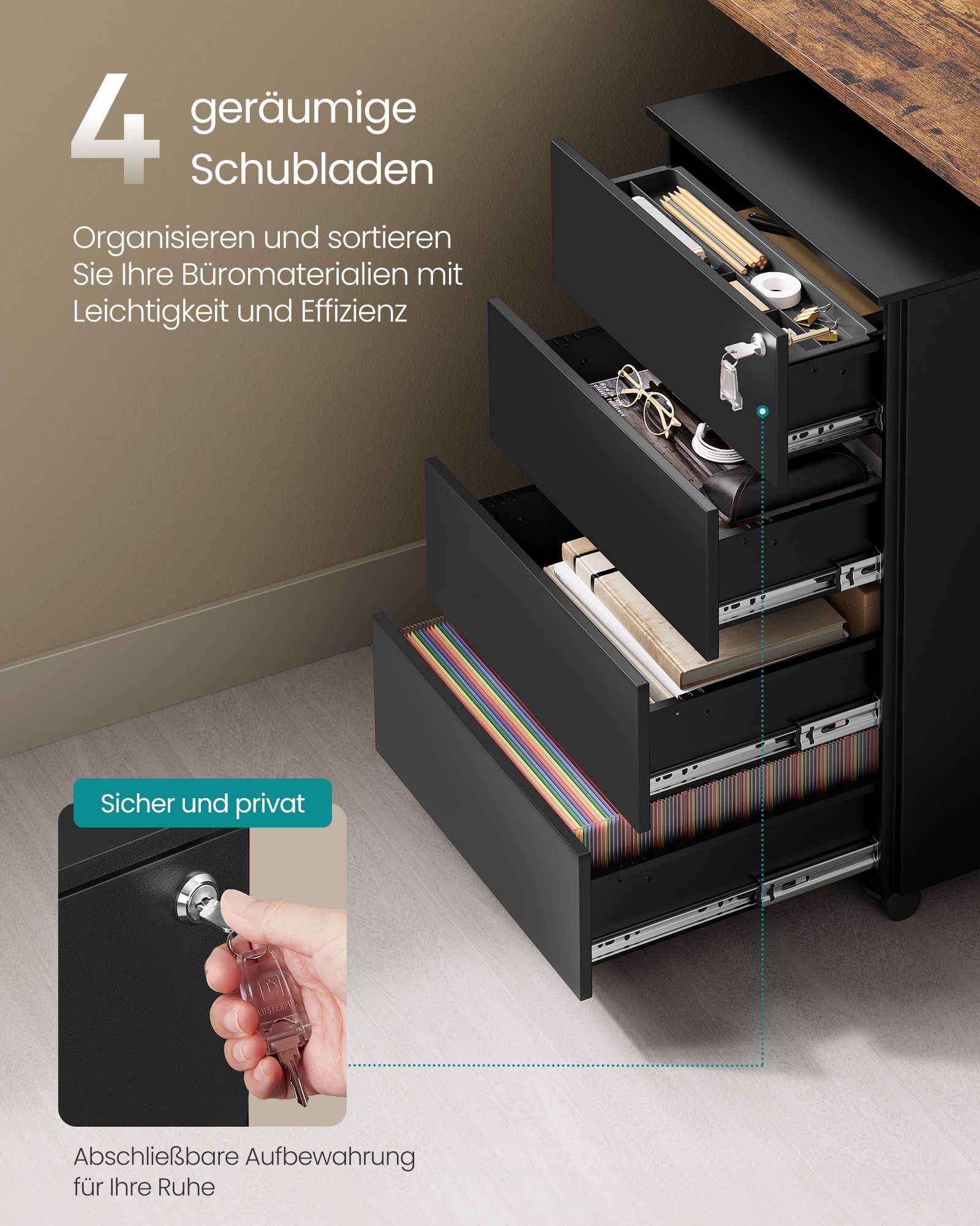 SONGMICS Rollcontainer Schubladenschrank, mobiler Aktenschrank, Metallschrank, Druckertisch, abschließbar, 3/4 Schubladen