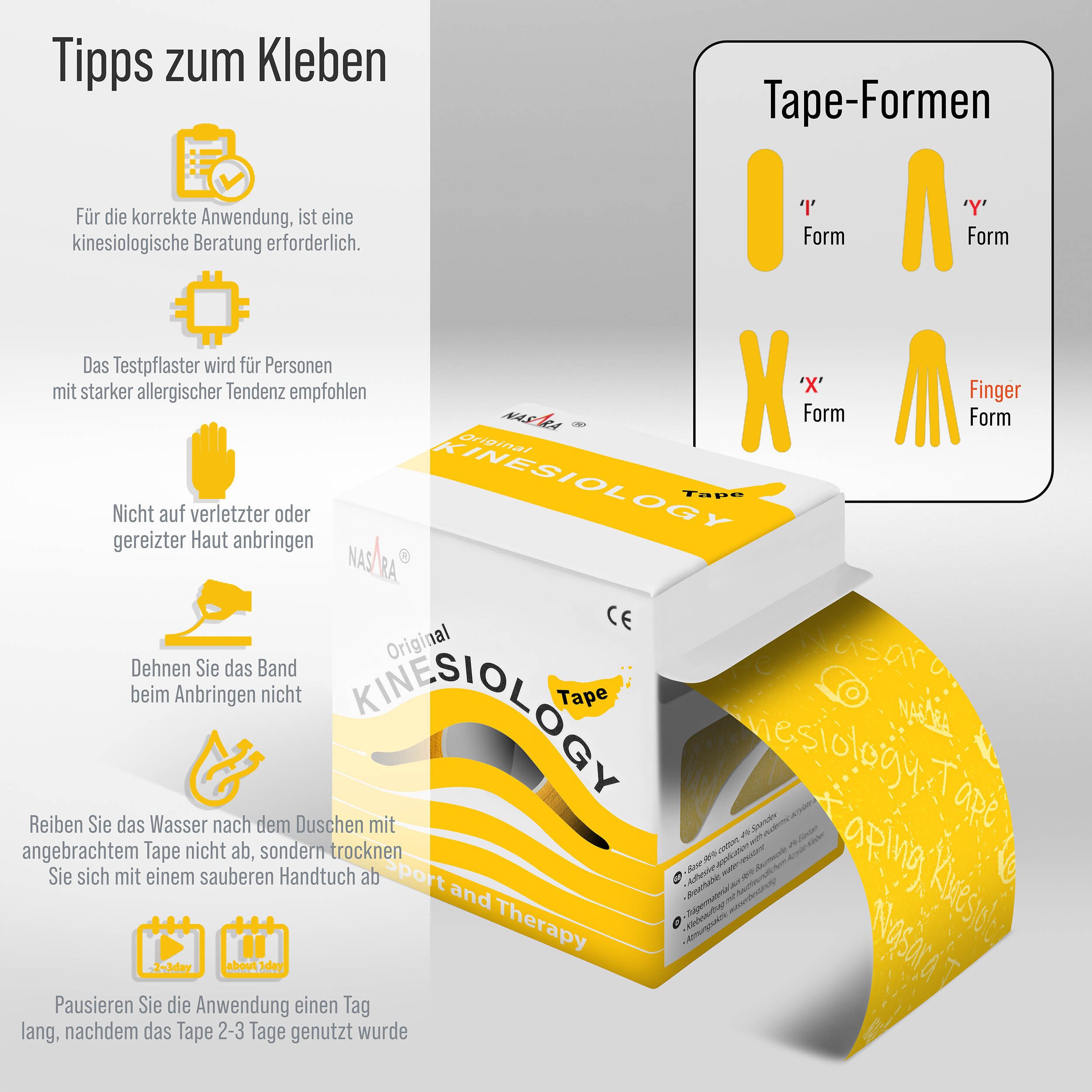 NASARA Kinesiologie-Tape 5m x 5 cm Rolle Sport- und Pysiotape mit langer Haftdauer in Gelb 5m x 50 mm
