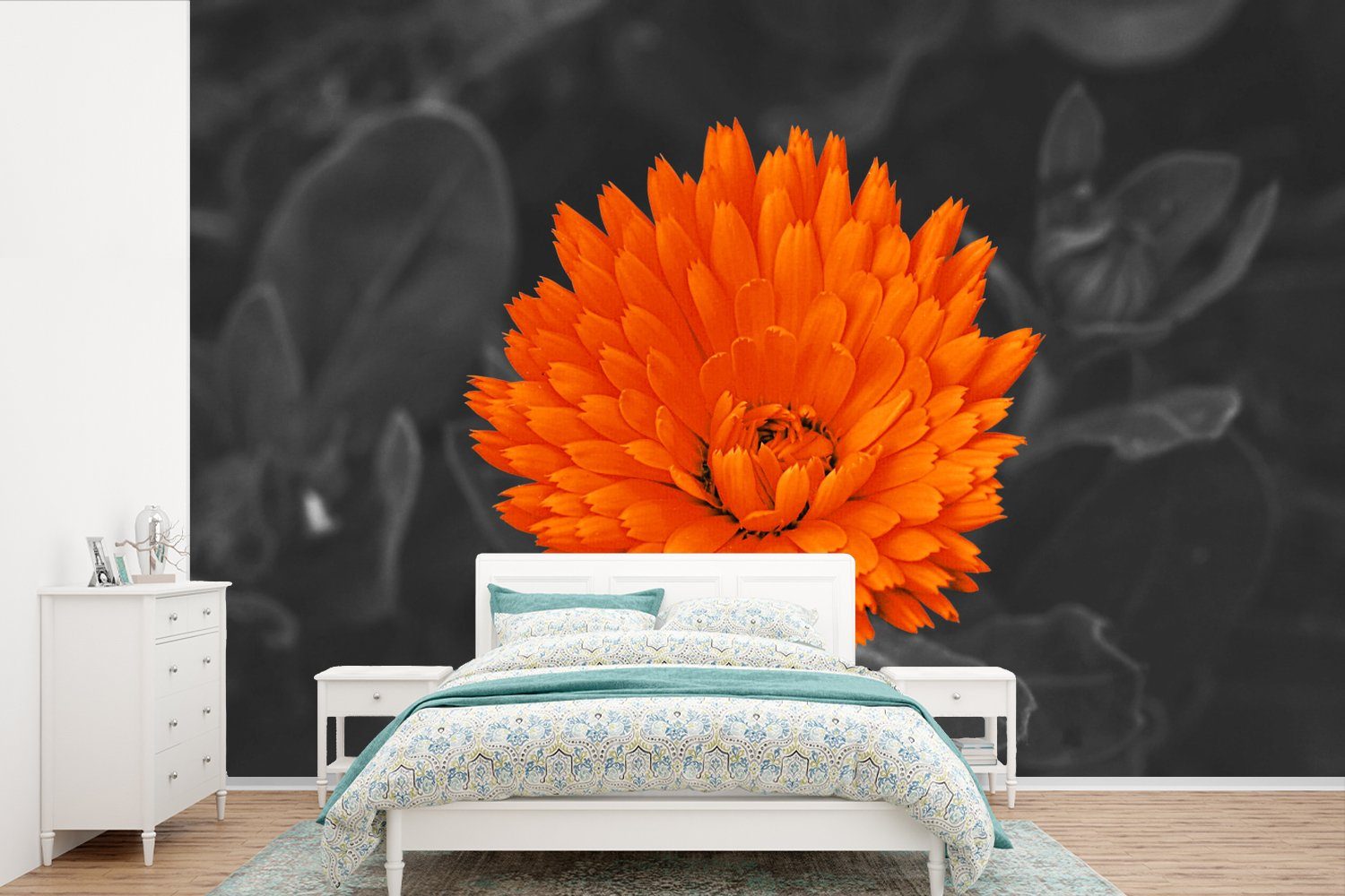 MuchoWow Fototapete Blumen - Orange - Schwarz - Weiß, Matt, bedruckt, (6 St), Wallpaper für Wohnzimmer, Schlafzimmer, Kinderzimmer, Vinyl Tapete