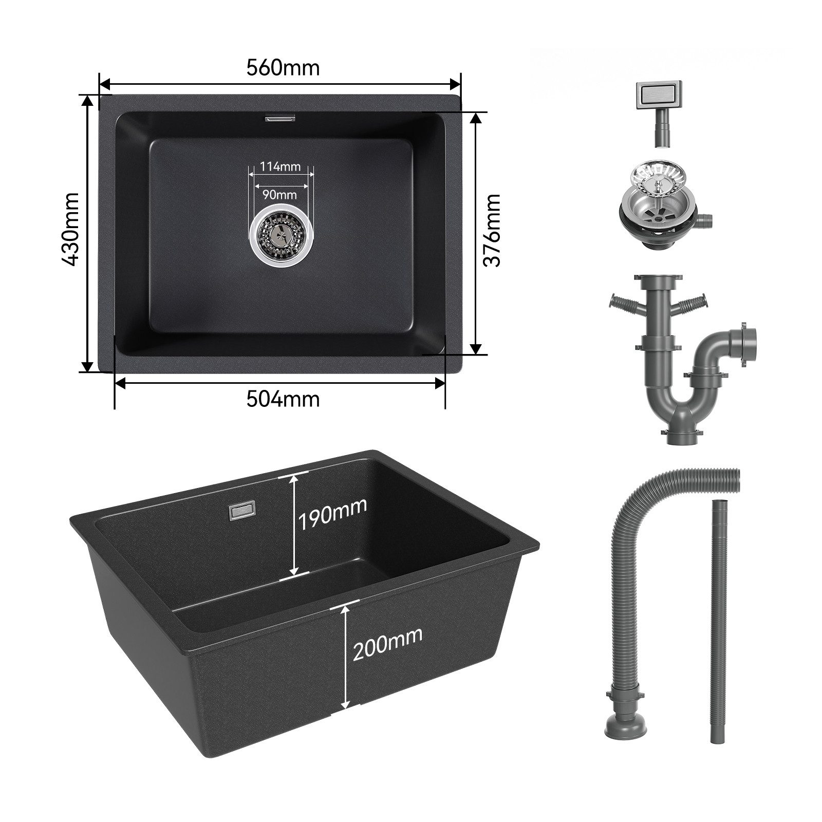 HOROW Granitspüle Küchenspüle Granit Siphon Einbauspüle Spülbecken, 56/43 cm, Vorgebohrt für eine Armatur Reversibel – Links oder Rechts montierbar, (Granit Siphon, mit Siphon Ab- und Überlaufgarnitur), mit Siphon Ab- und Überlaufgarnitur