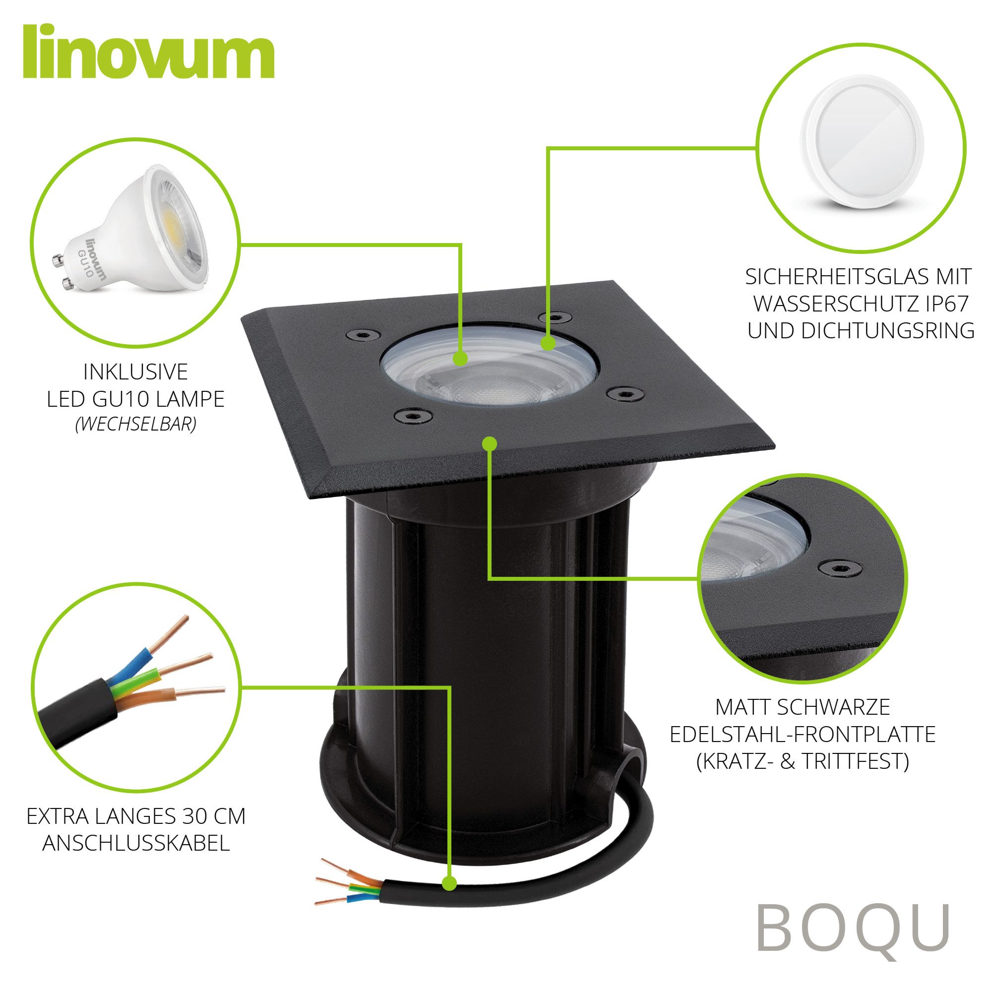linovum LED Gartenstrahler BOQU Bodeneinbaustrahler IP67 mit GU10 LED 3W neutralweiß Spot Leuchte, Neutralweiß