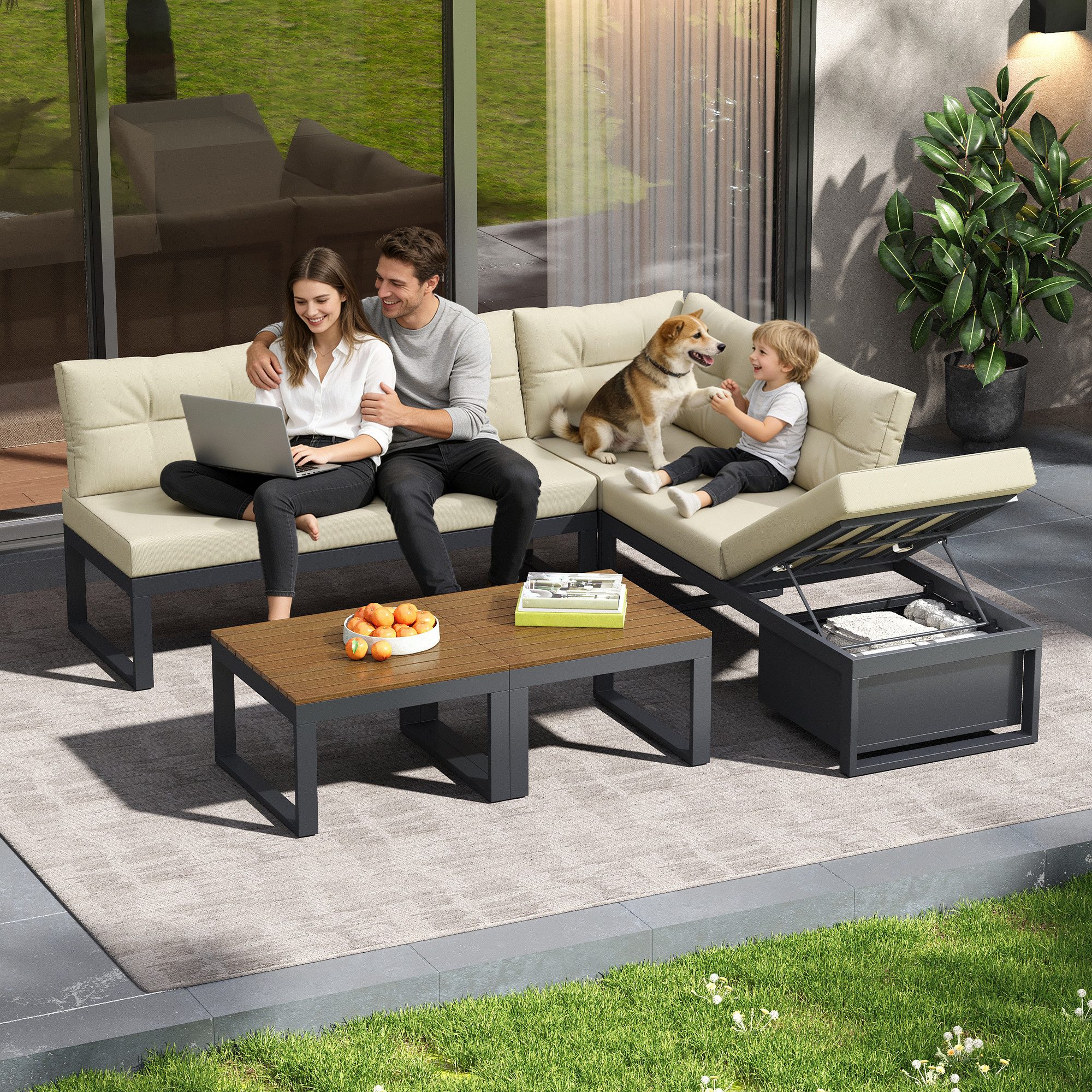Odikalo Gartenlounge-Set Gartenmöbelset mit Stauraum und wetterfester Polyesterbezug, (Gartensitzgruppe mit 3-stufig verstellbarer Rückenlehne und Liegefunktion,dicken Komfortpolstern – für Terrasse, Balkon und Garten)