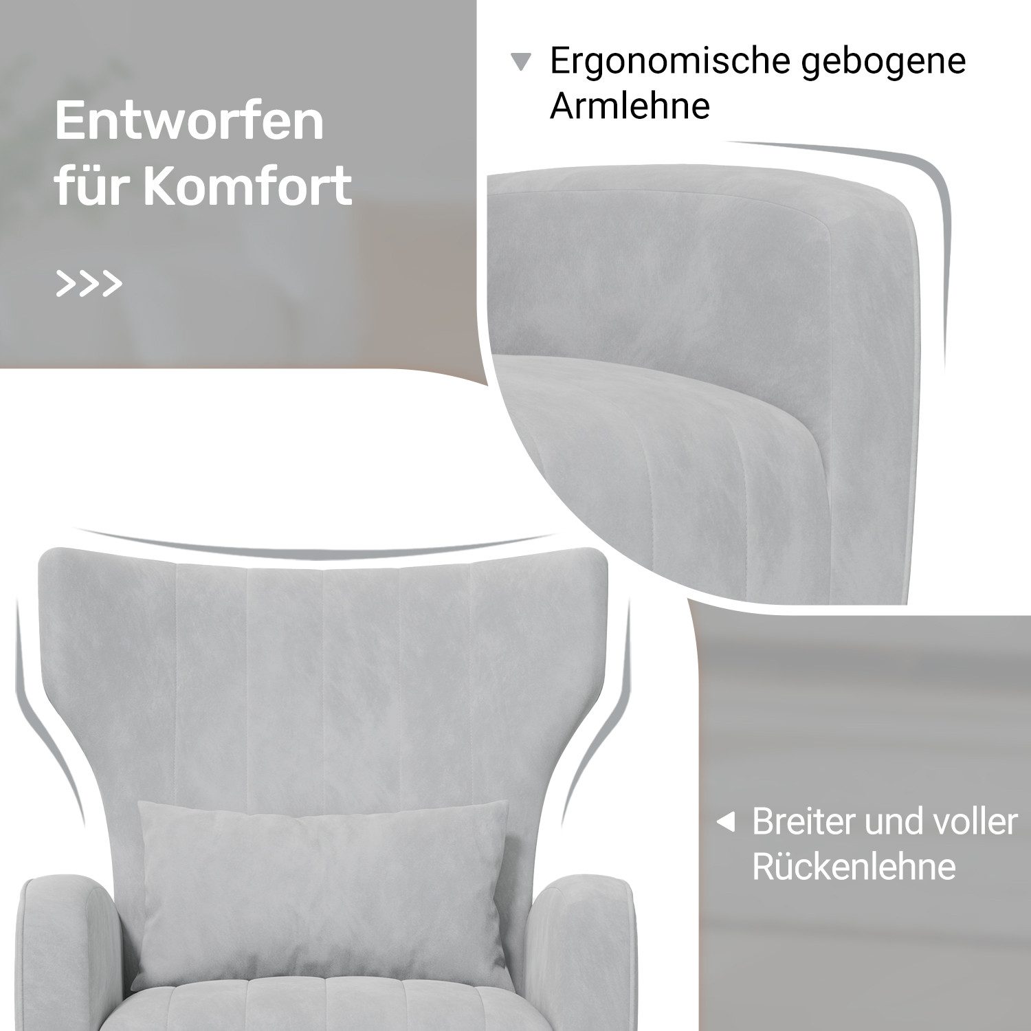 HawthyHome Ohrensessel mit Samtbezug Moderner Loungesessel– Hohe Rückenlehne, Zierkissen, goldfarbene Metallfüße