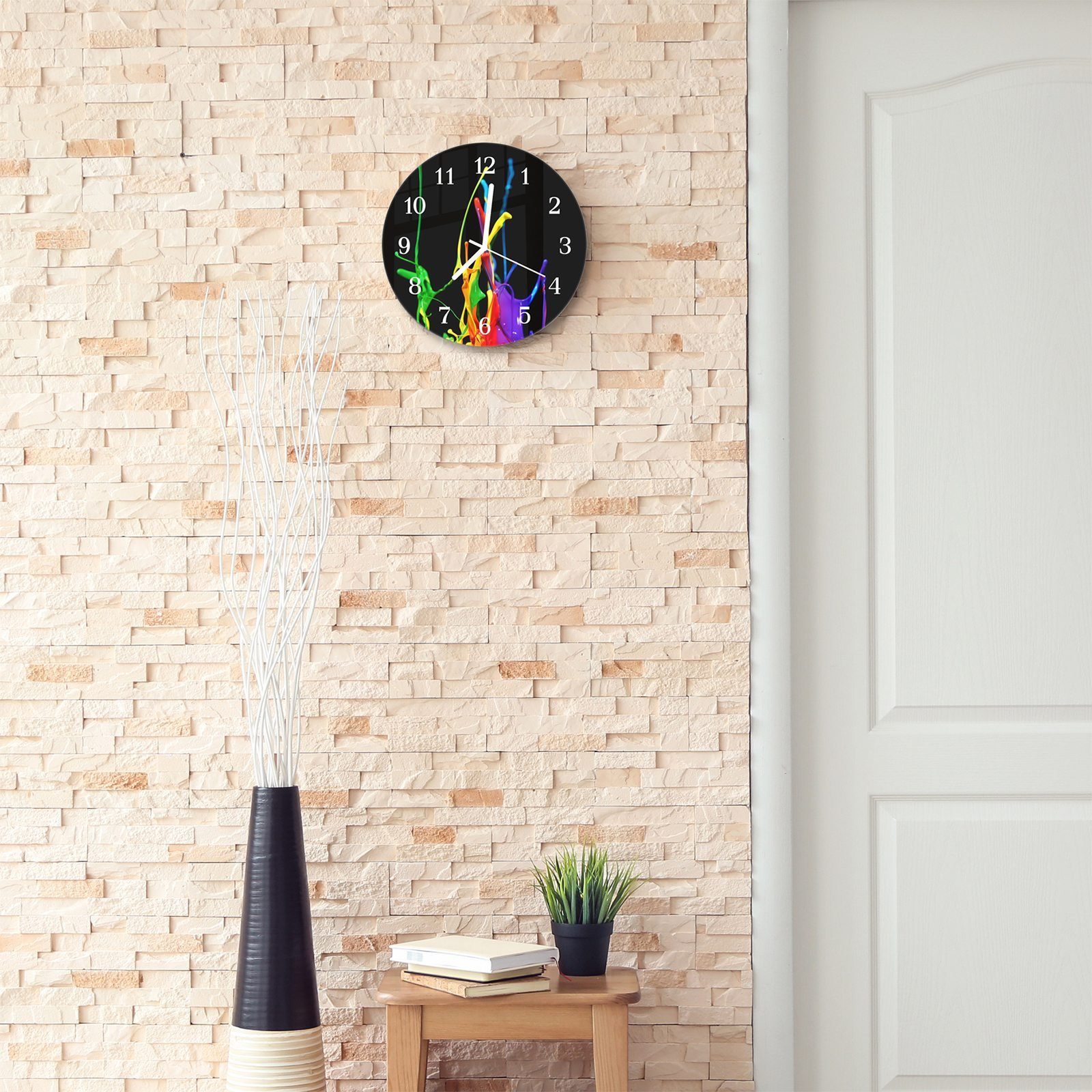 Durchmesser aus Wanduhr Rund Wanduhr Motiv mit Quarzuhrwerk Glas 30 cm mit und Farbspritzer - Primedeco