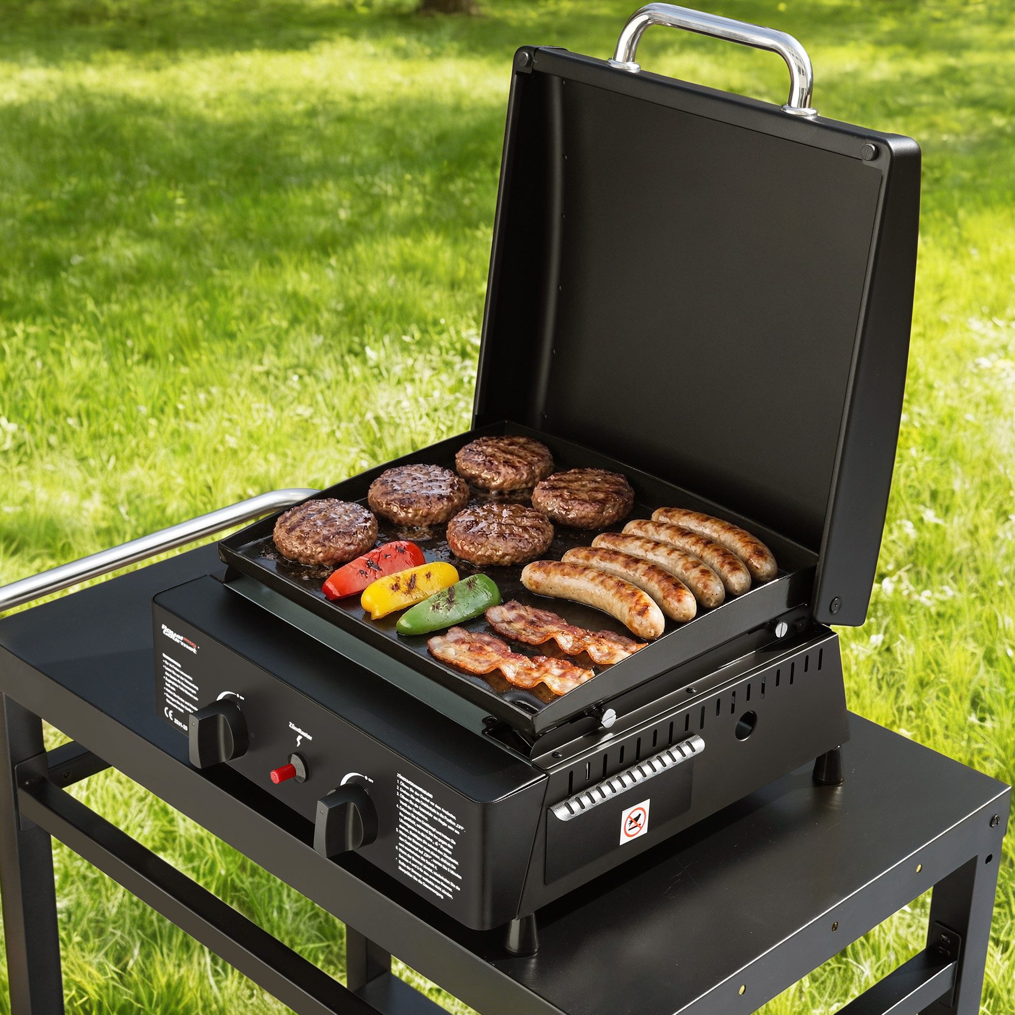 Royal Gourmet Gasgrill 2-Brenner Tisch-Gasgrill mit insgesamt 5 kW Leistung, Emaillierte Gasplancha für Camping und Outdoor