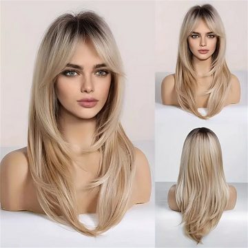 RefinedFlare Toupet Blonde, lockige, schulterlange Damenperücke mit Pony, 61 cm