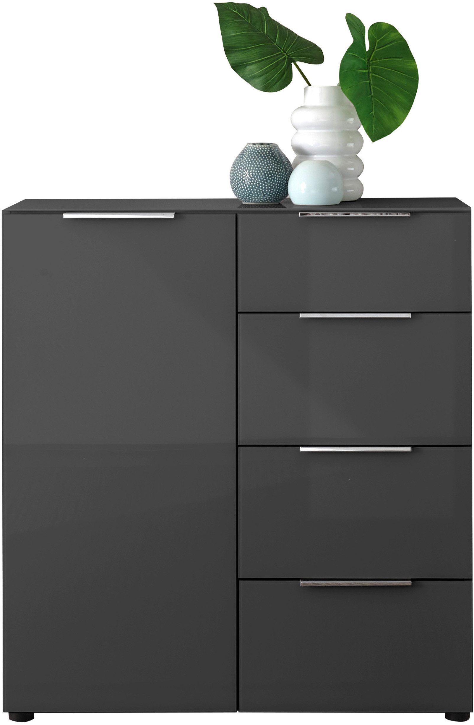 HBZ Sideboard Santorin Mehrzweckschrank-Universalschrank, BxHxT 90x99x40 cm (1 St), Mit 1 Tür und 4 Schubkästen mit Softclose, Glasfront und Glasoberboden