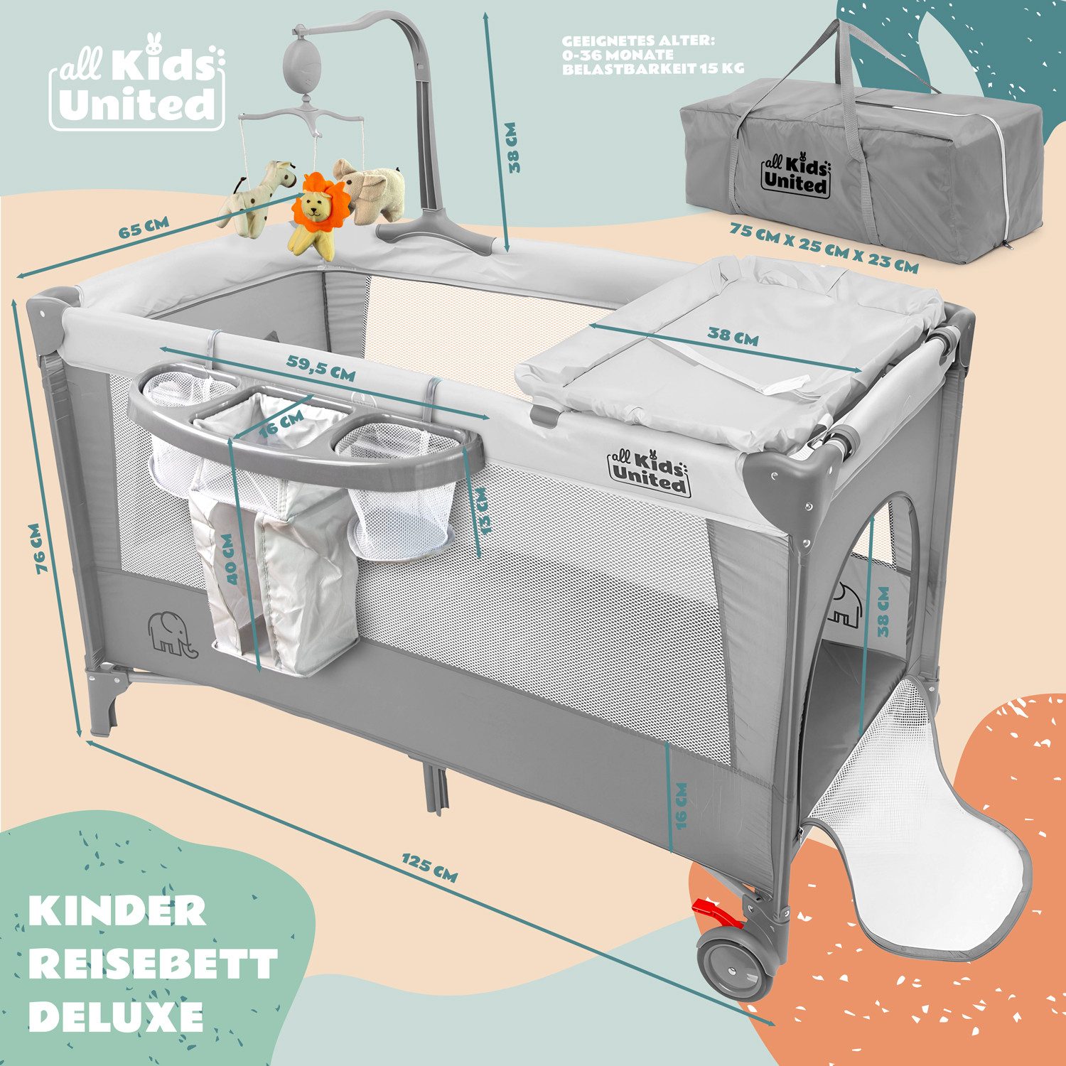 all Kids United Baby-Reisebett Faltbares Baby Reisebett- Babybett mit Matratze, Tragetasche&Stauraum, mit Wickelauflage