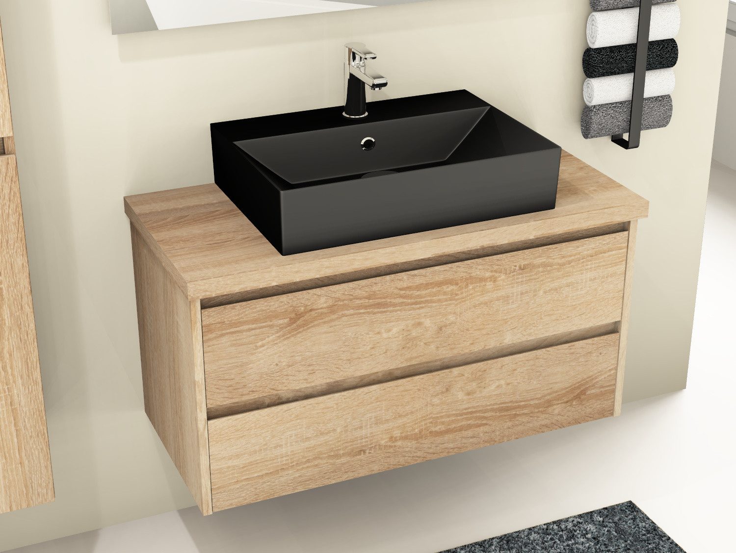 Aqua Bagno Badmöbel-Set Waschplatz Eiche Gold 100cm schwarzes Waschbecken Softclose Schubladen, (vormontiert, 3-St., Badmöbelschrank melaminbeschichtet, Trägerplatte, Keramikwaschbecken), einfache Montage, Badschrank