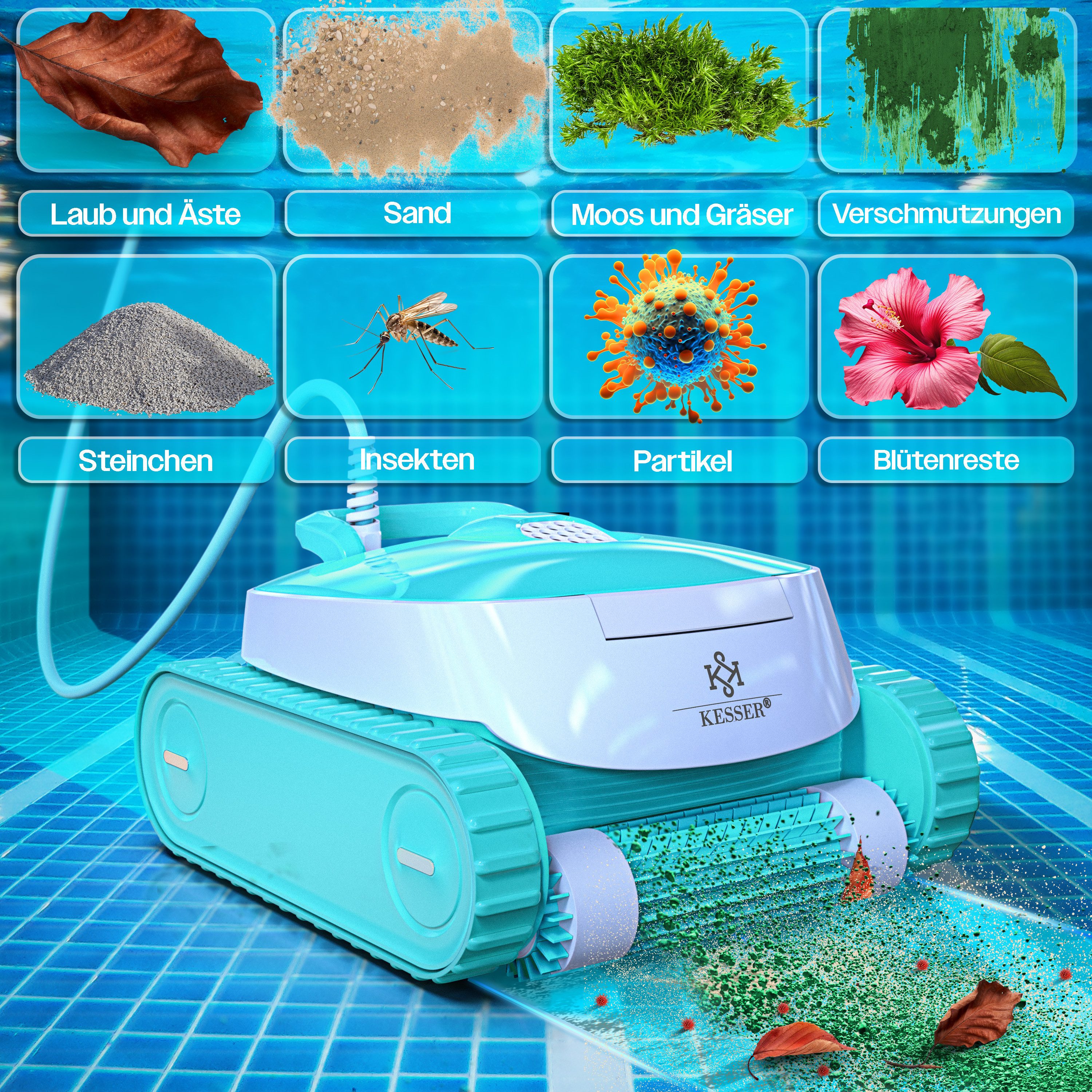 KESSER Poolroboter, Poolsauger für Boden & Wand Poolreiniger bis 100m² Pools mit APP