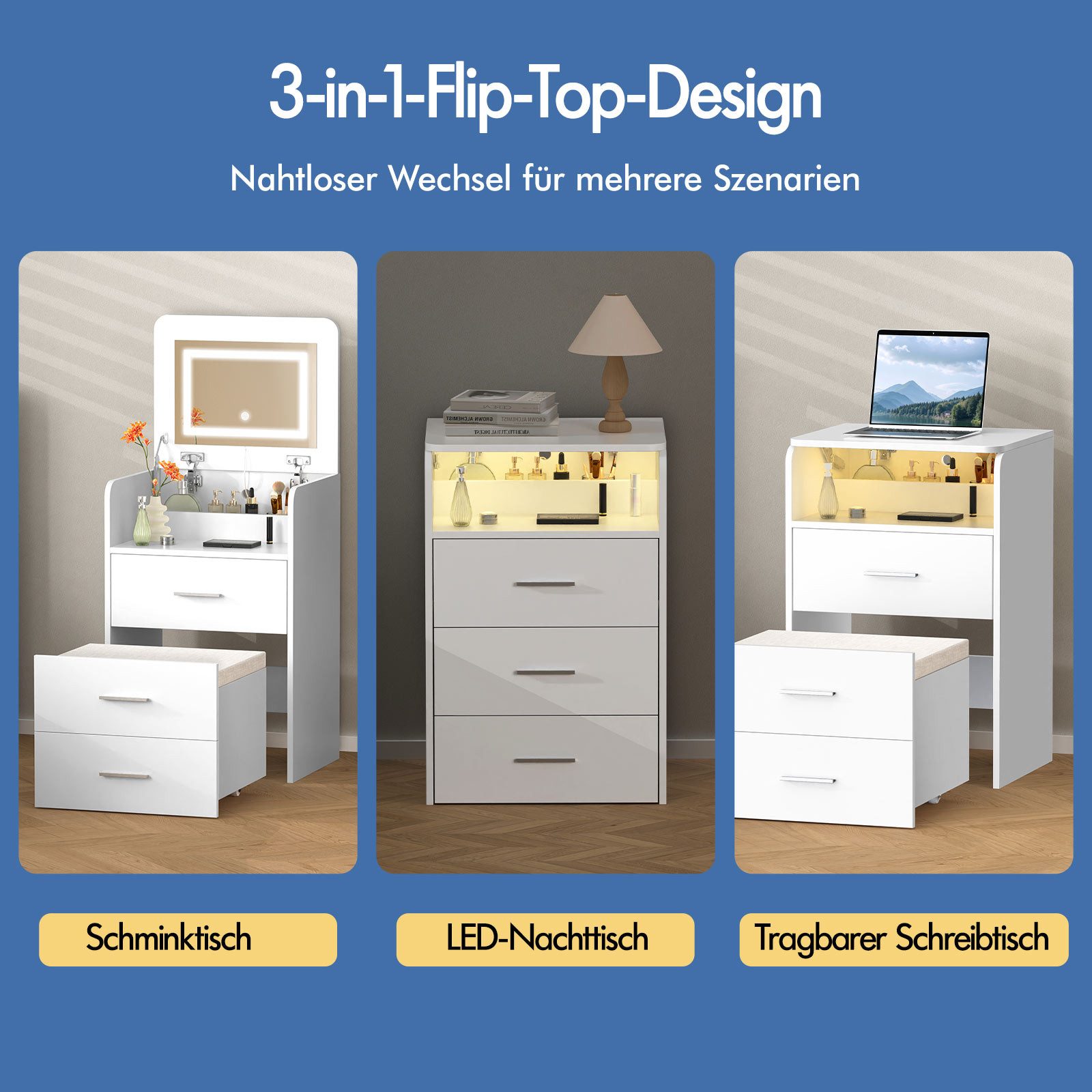 ALFORDSON Schminktisch LED-Nachttisch, tragbarer Schreibtisch, 3-in-1-Flip-Top-Design (1-St), Mit beleuchtetem Spiegel, Stauraum und klappbarer Platte