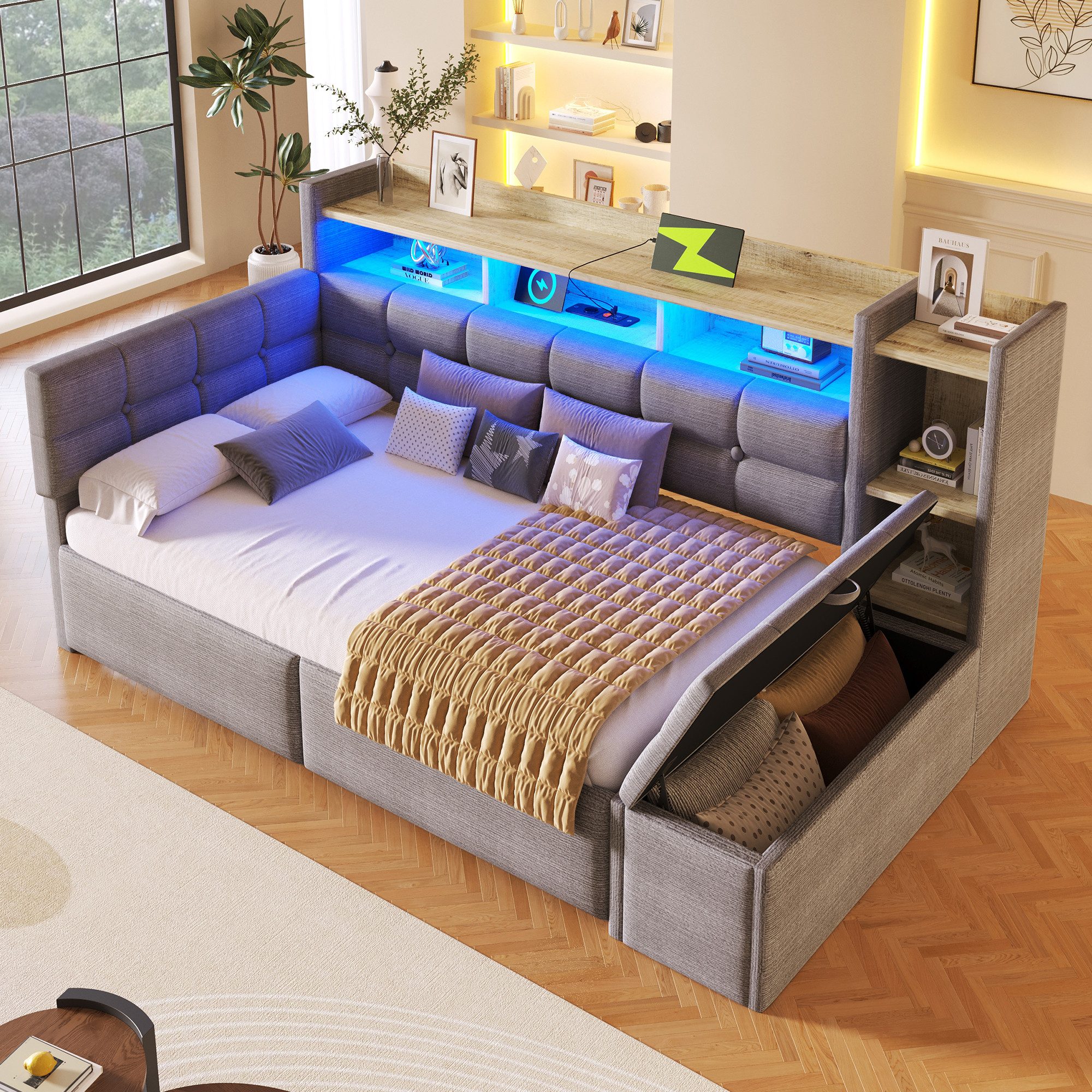 OKWISH Schlafsofa Kinderbett Polsterbett, mit Samtbezug, LED-Beleuchtung, zwei Schubladen & Ablagefach, USB- und Typ-C-Anschlüsse 90 × 190 cm, ohne Matratze