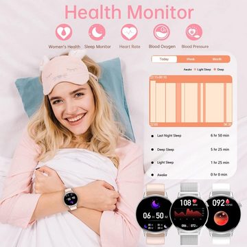 Erkwei Smartwatch Damen mit Bluetooth Anrufe Touchscreen Damenuhr Smartwatch (1,32 Zoll, Android iOS), Fitnessuhr mit Schrittzähler Herzfrequenzmonitor Schlafmonitor SpO2