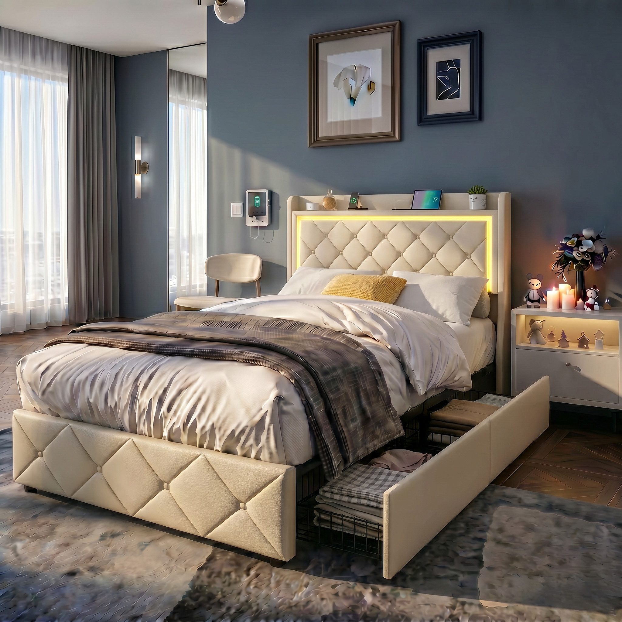 Furnishings Home Polsterbett Stauraumbett Doppelbett LED, Samtstoff (1-tlg), Mit 2 Schubladen, LED-Beleuchtung, USB-Anschluss, 90x200 cm