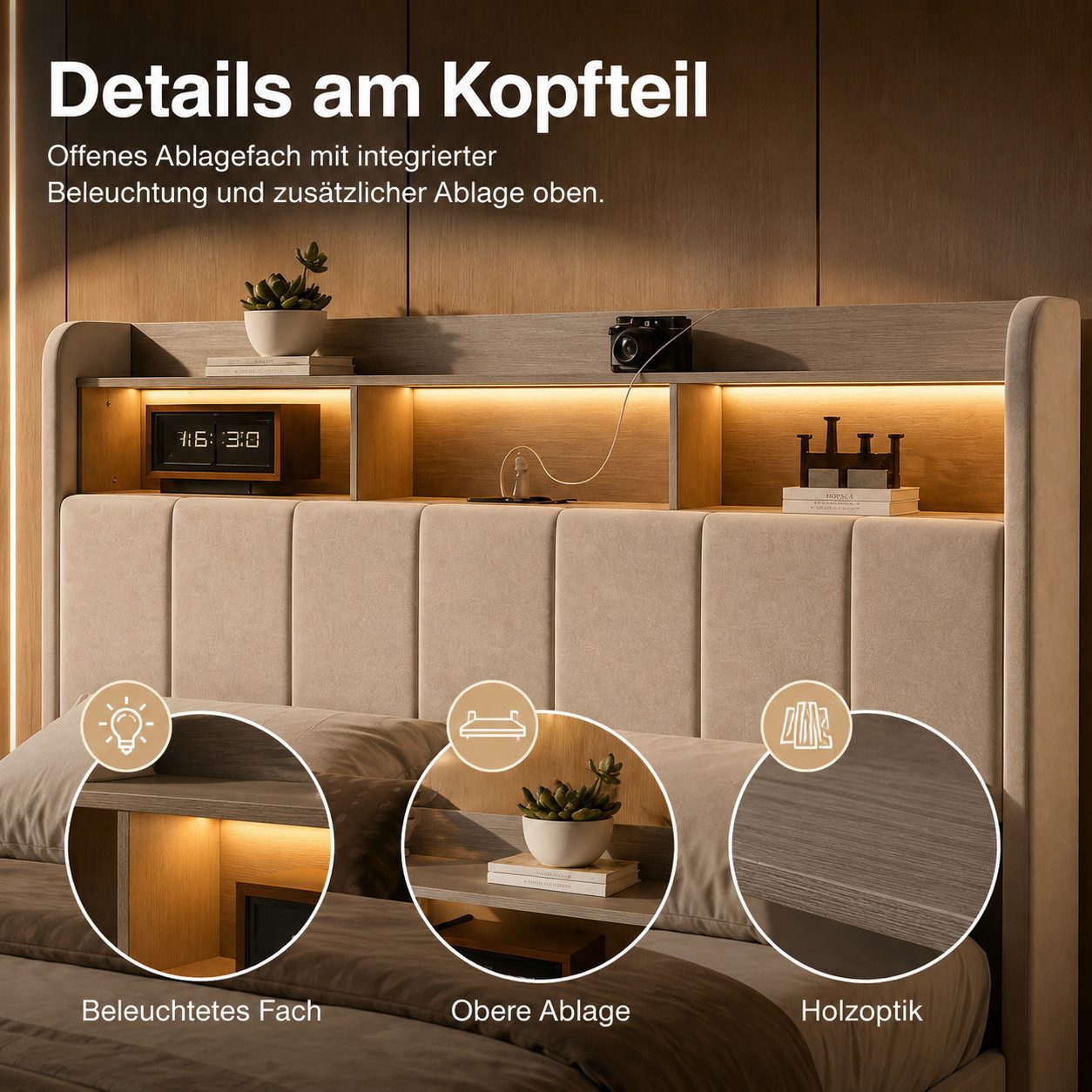 Simurq Polsterbett Polsterbett Doppelbett 140x200 mit LED & hydraul. Stauraum. (Bettgestell ohne Matratze, Bettgestell (inkl. Hydrauliksystem), ohne Matratze),  – Bild 5 von 5