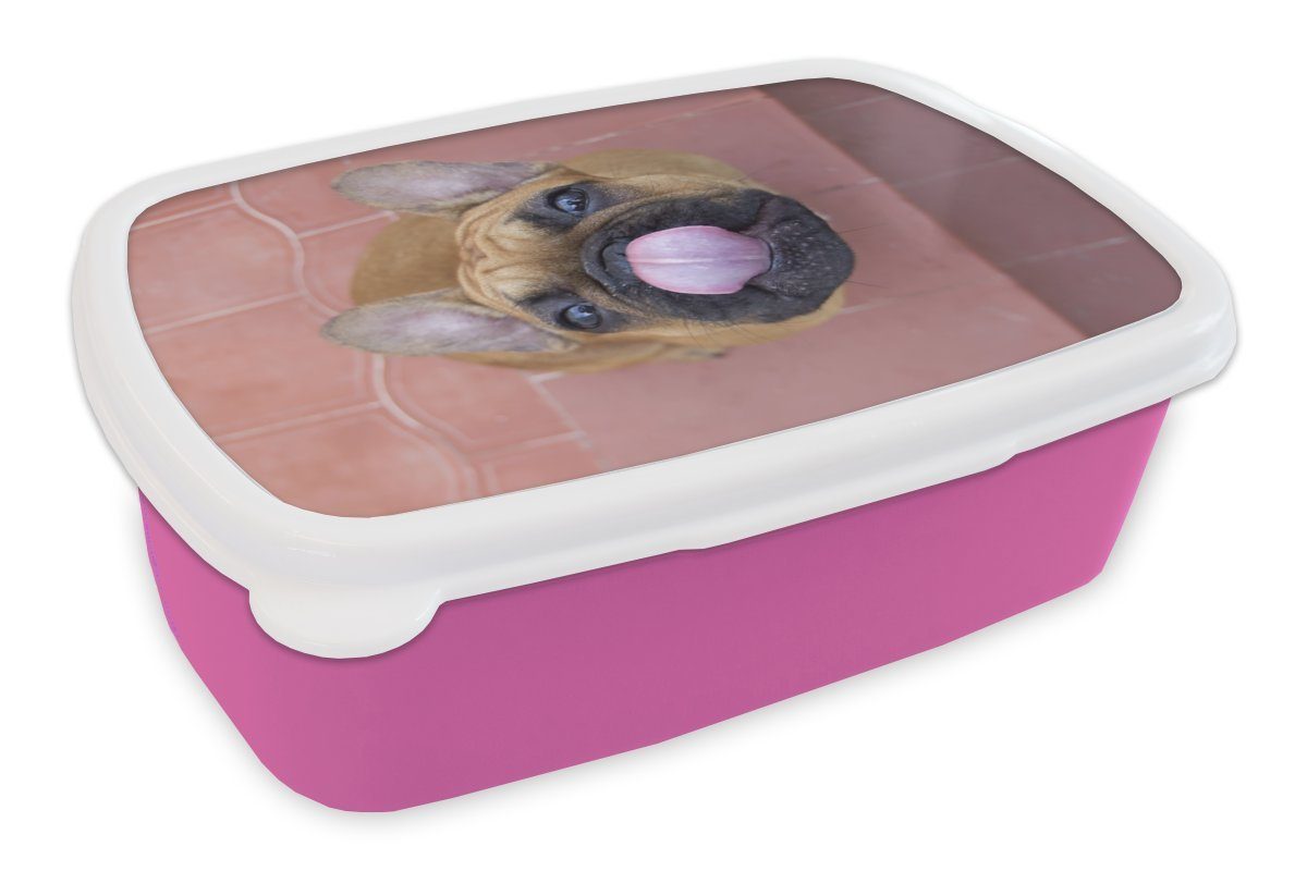 Kunststoff, Französischen Mädchen, einer Kunststoff Brotdose MuchoWow (2-tlg), Lunchbox Welpe Snackbox, Erwachsene, Ein Bulldogge, rosa Brotbox für Kinder,