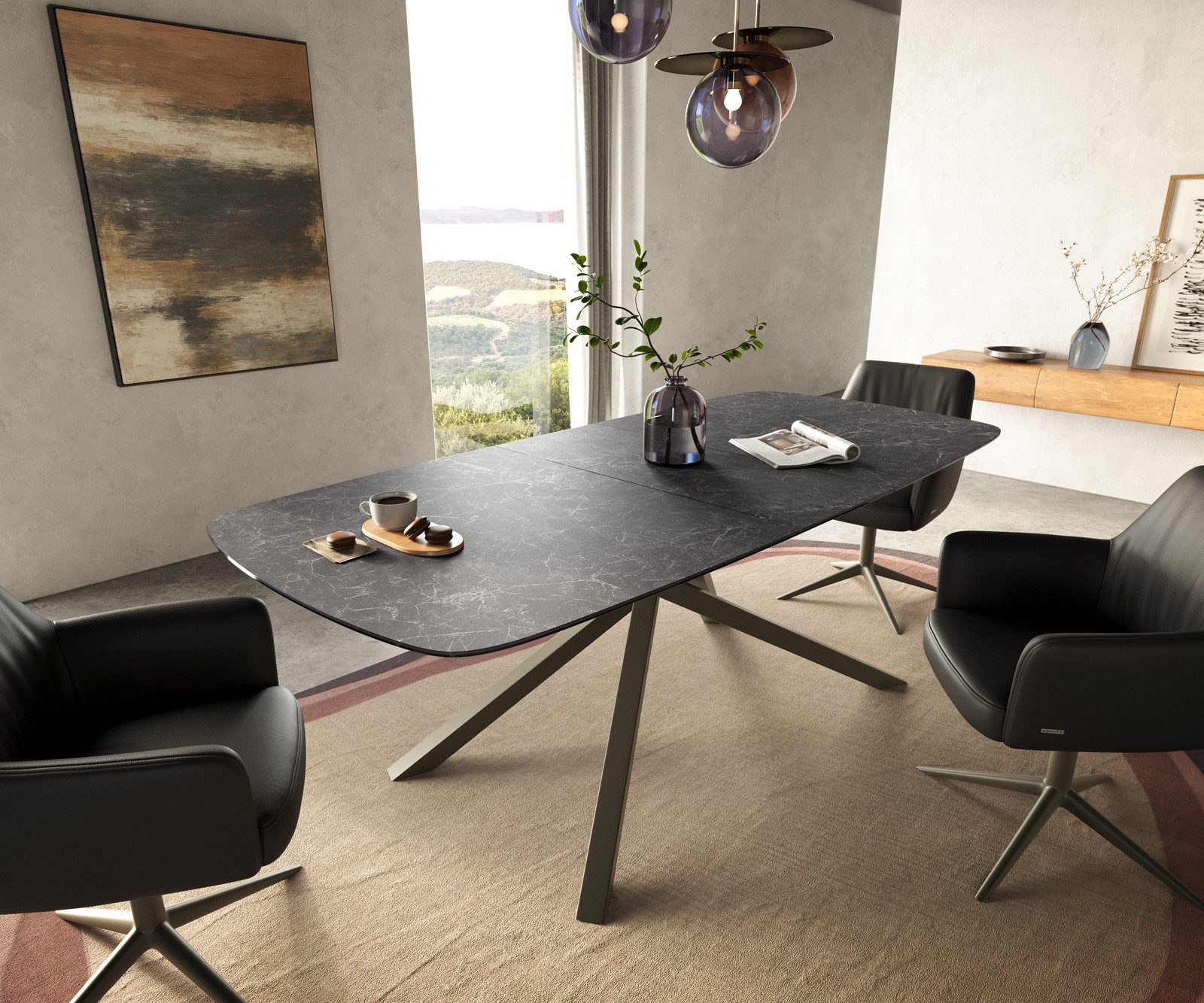 DELIFE Esstisch Edge, Boot 180-220x100 cm Keramik Laminam® Nero Greco Anthrazit Kreuzgestell