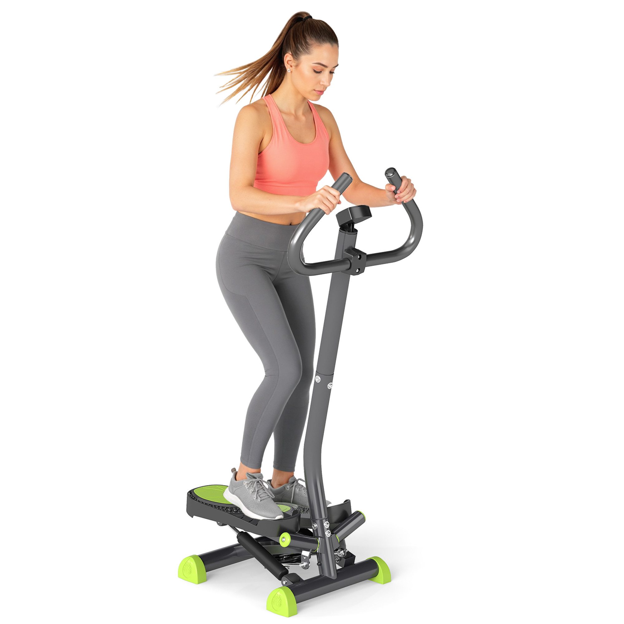 HOMCOM Stepper Fitness Swing Stepper mit LCD-Schirm und Handgriff (Hometrainer, 1-tlg., Sportgeräte), für Zuhause bis 100 kg Stahl ABS Grau+Grün 55 x 44 x 108 cm