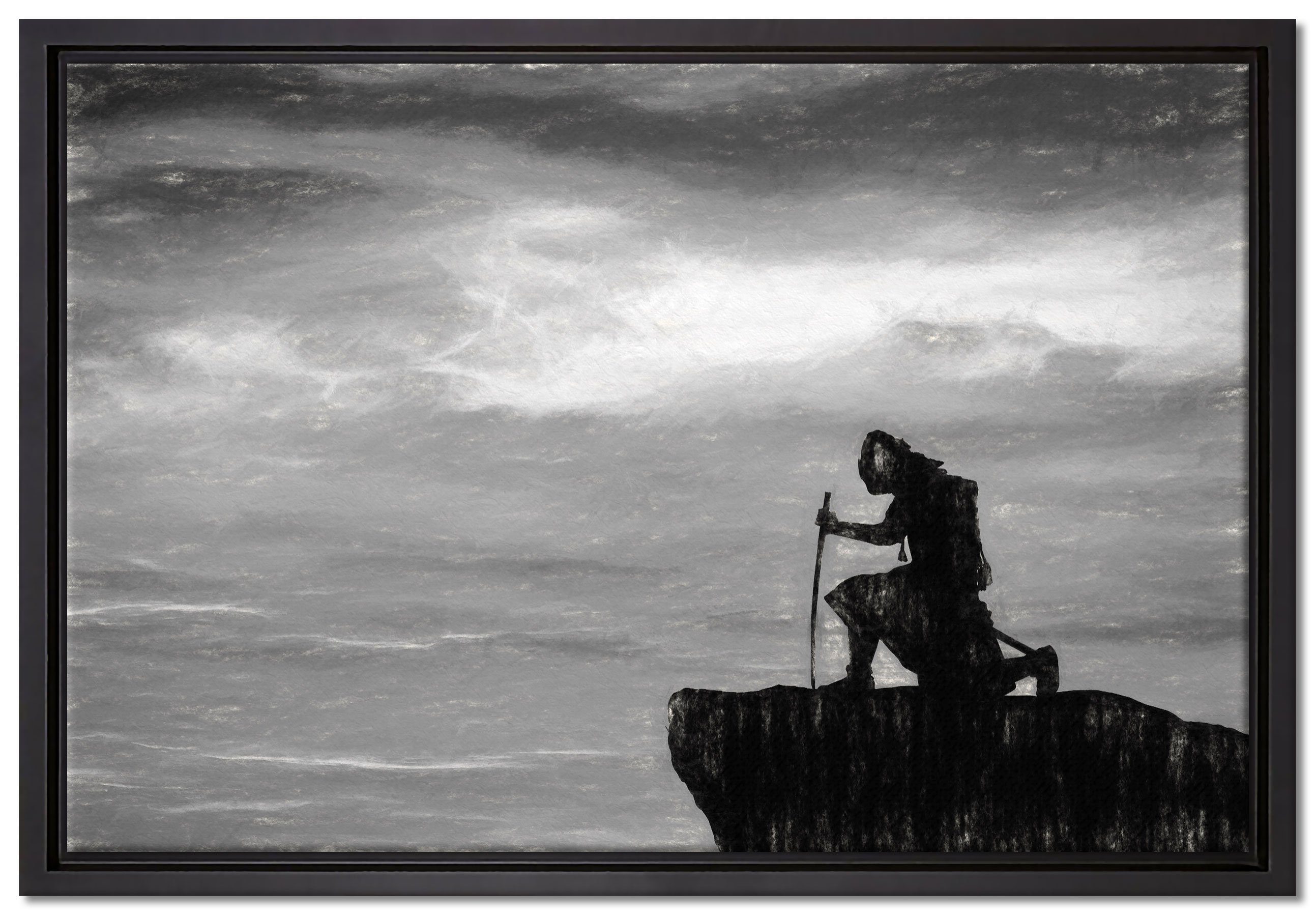 Wanddekoration des bespannt, auf Berges, einem Schattenfugen-Bilderrahmen Spitze gefasst, der (1 Zackenaufhänger Samurai fertig Leinwandbild inkl. in Pixxprint St), Leinwandbild