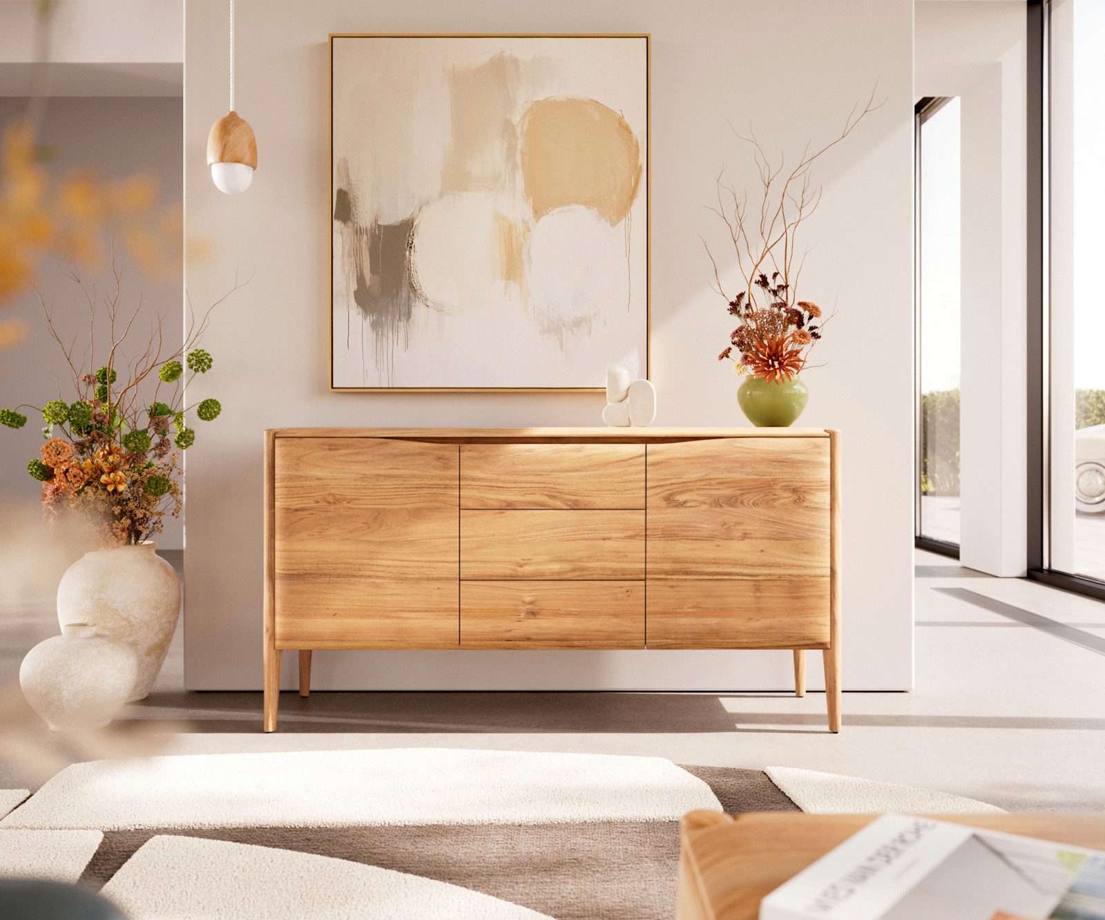 DELIFE Sideboard Simcha, Akazie Natur 145 cm 2 Türen 3 Schubladen Sideboard