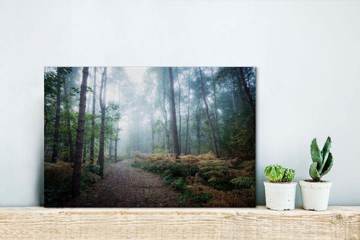 OneMillionCanvasses® Leinwandbild (1 cm Wandbild - - St), Nebel Aufhängefertig, 30x20 Leinwandbilder, Weg, Wanddeko, Wald