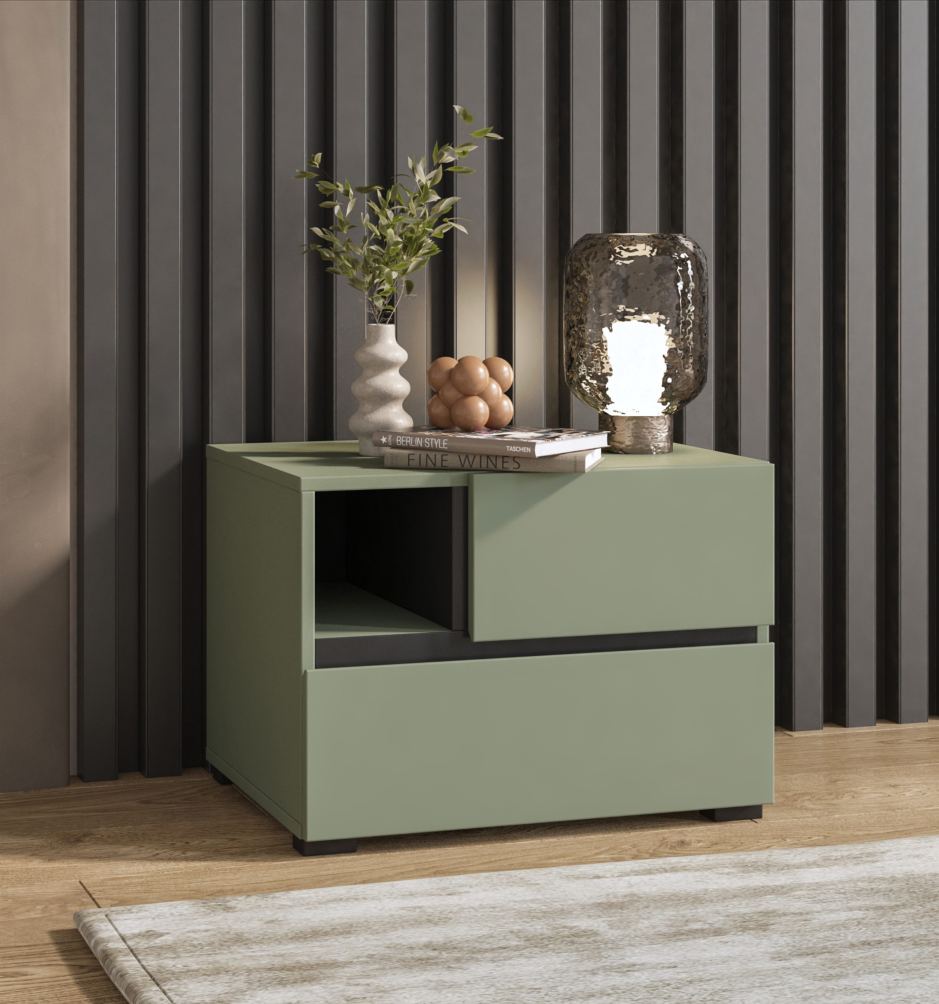 OTTO home Nachtkommode Cross, moderner griffloser Nachtschrank, Nachttisch, Nachtkonsole mit 2 Schubladen