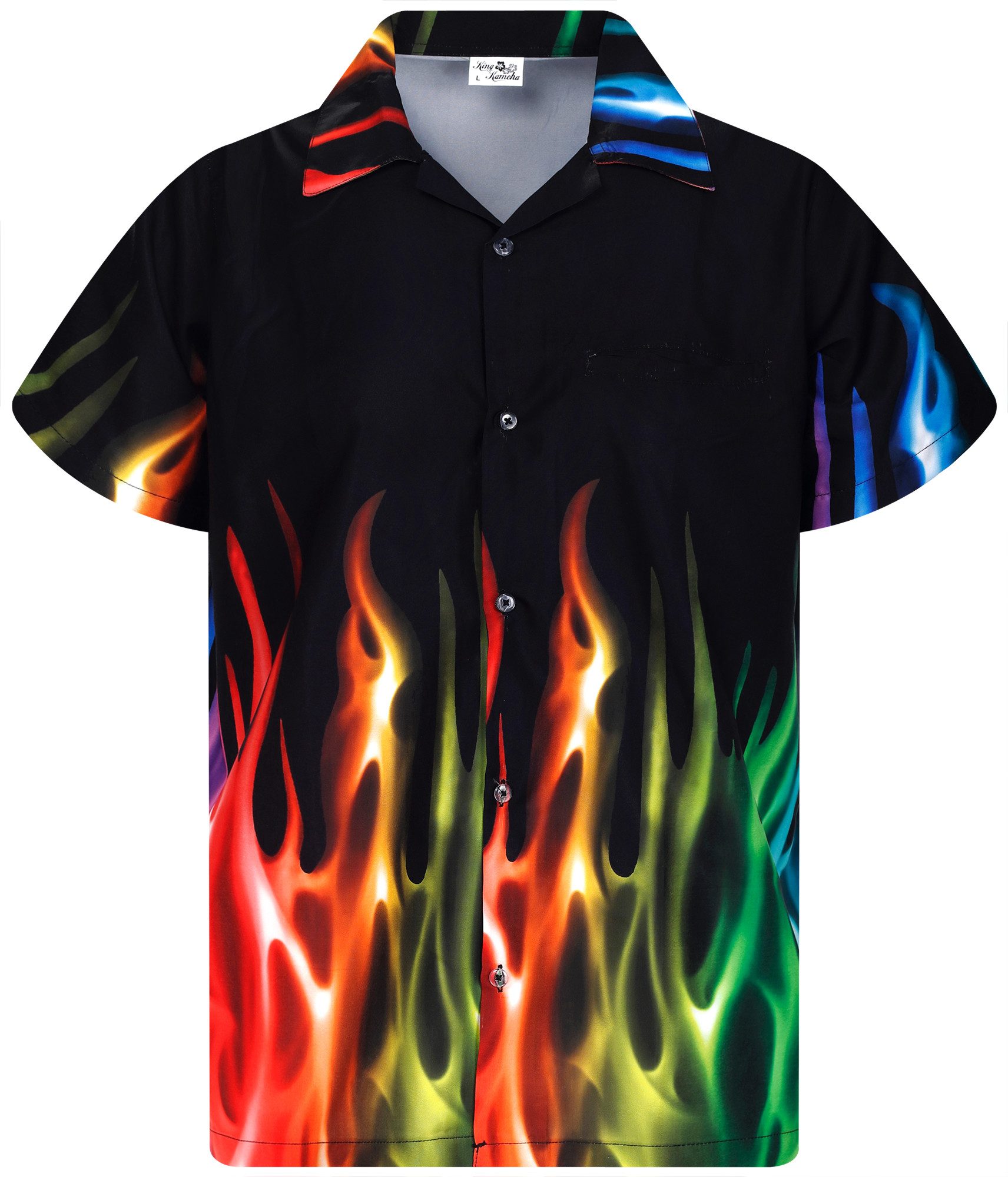 King Kameha Hawaiihemd Flames Funky Hawaii-Hemd Kurzarm Front-Tasche Stylish Unisex