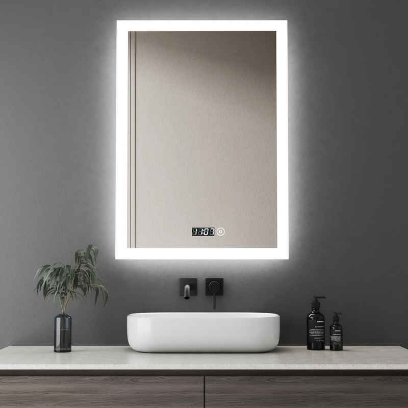 WDWRITTI Wandspiegel Led Badspiegel 50x70 mit Uhr 3Lichtfarben Dimmbar Speicherfunktion (Spiegel mit beleuchtung, Kalt/Neutral/Warmweiß), Touch, Wandschalter, Energiesparend