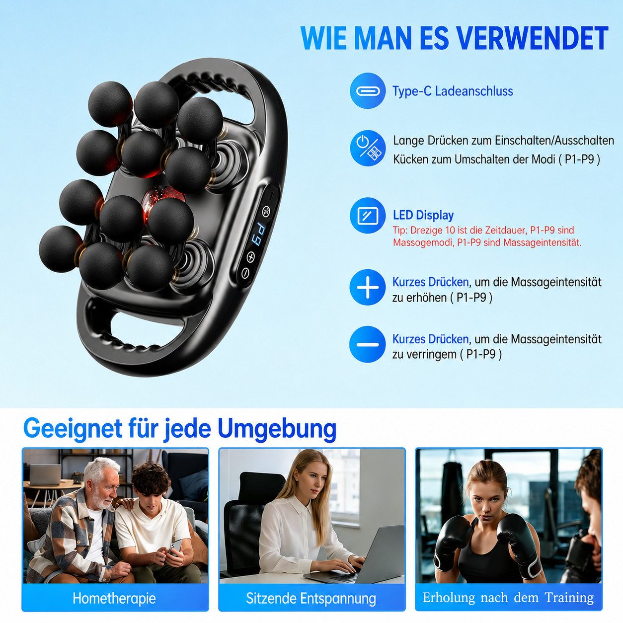 Toomoke Massagegerät Massagegerät, 2-in-1-Nacken-Schulter-Rücken-Massagegerät,9 Modi, Muskelmassagegerät,12 Massageköpfen,6 austauschbare Massageköpfe, Geschenk, Elektrische Massagepistole
