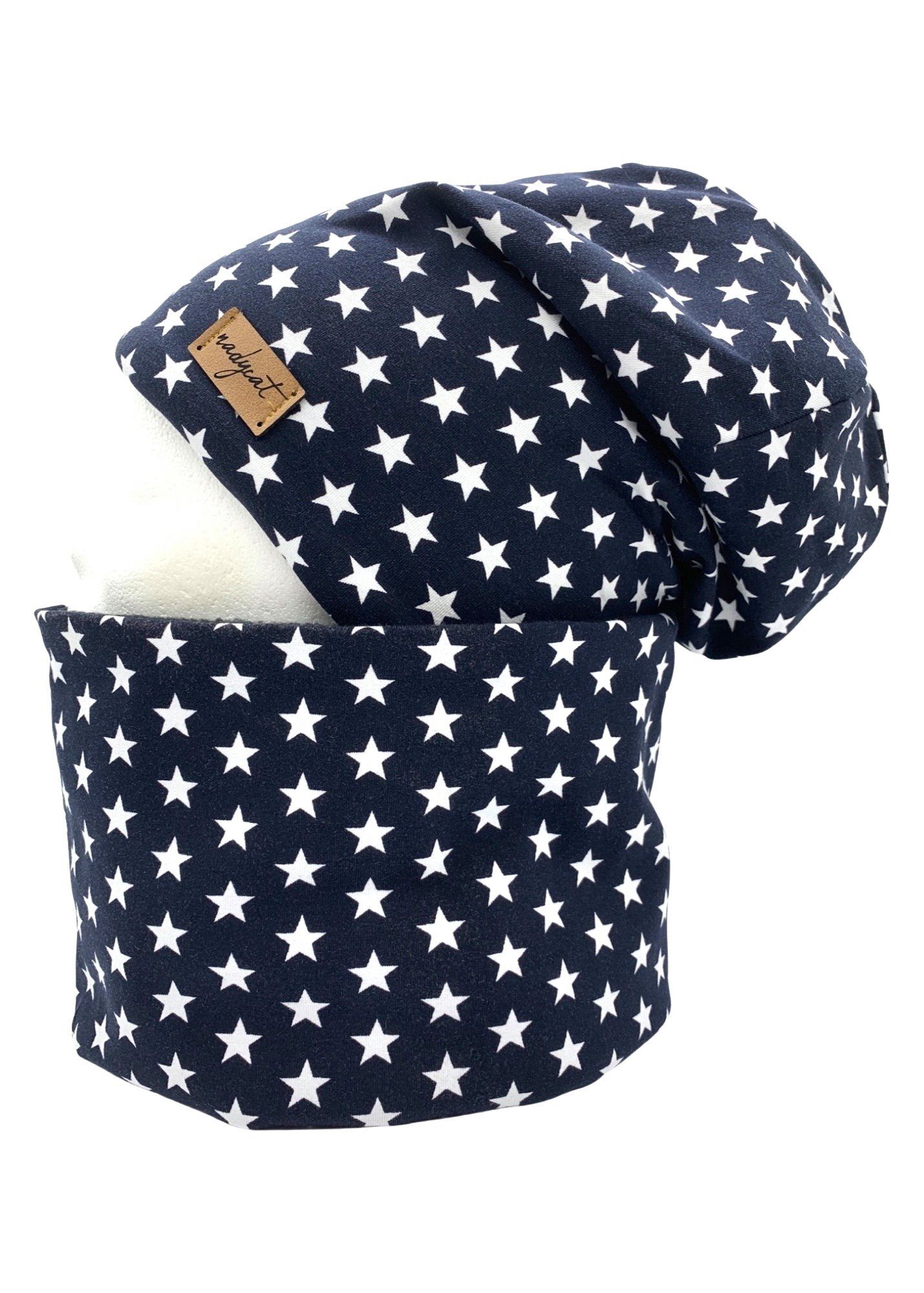 nadycat Beanie DARKBLUE & little white STARS (2-St., Beanie mit passendem Loop) handgefertigt aus der Lausitz