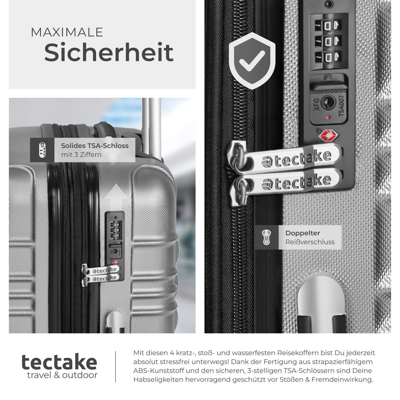 tectake Trolley Hartschalenkoffer-Set aus robustem ABS-Kunststoff, TSA-Zahlenschloss, 4 Rollen, mit Teleskopgriff, 360° drehbare, abnehmbare Rollen, abteilbar