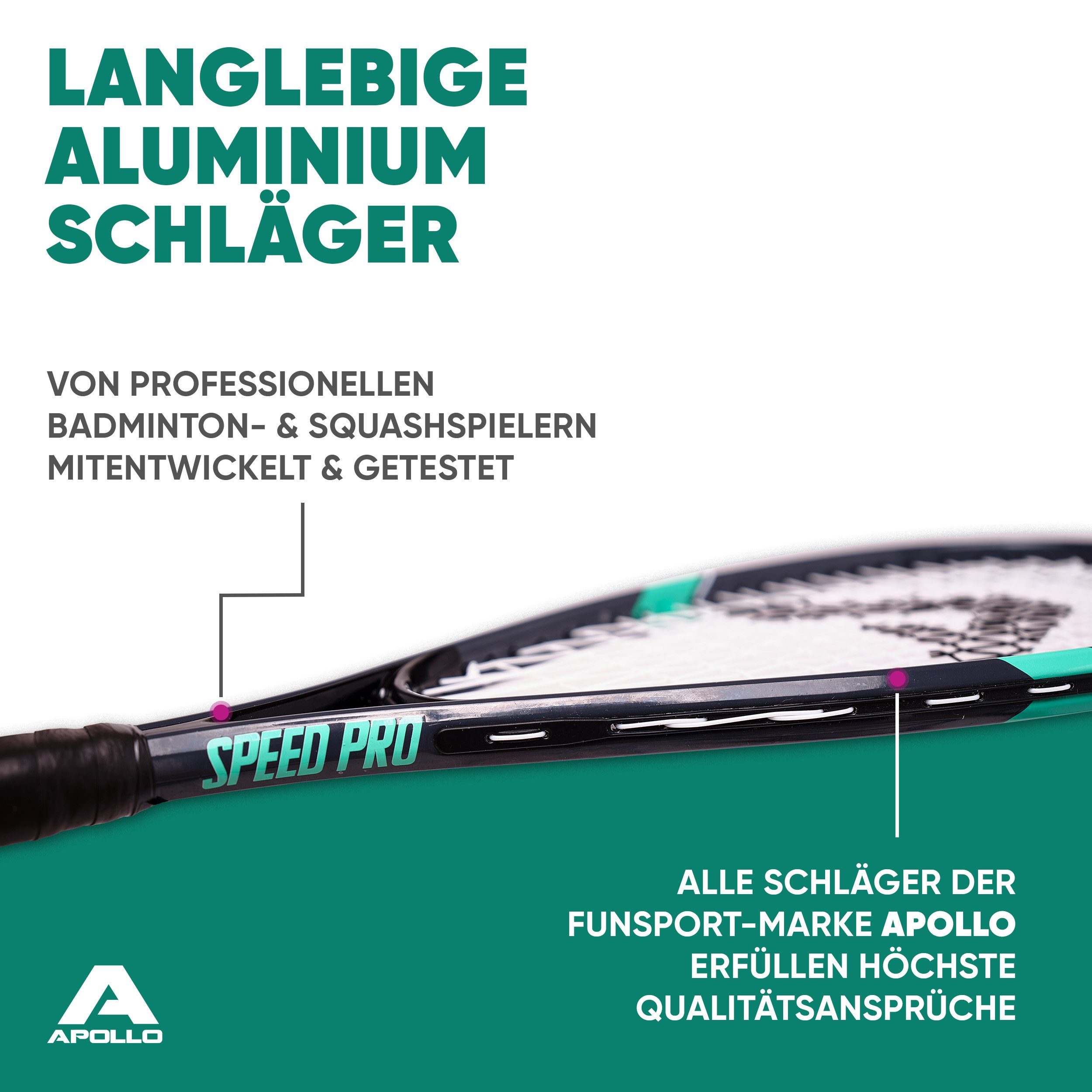 Apollo Speed-Badmintonschläger Badminton Schläger Set Kinder Speed Pro, (Set, inkl. Tragetasche, Federbällen, Schaumball und Hütchen), inkl. Tragetasche, Federbällen, Schaumball und Hütchen