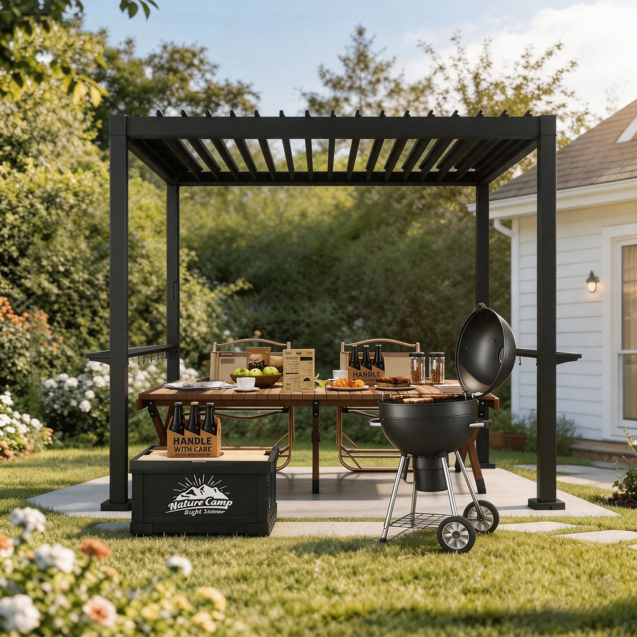 KreaGo Grillpavillon mit Lamellendach BBQ Pavillon Schwarz BxTxH: 240 x 180 x 240 cm, (Pergola Metall mit verstellbare Dachlamellen, Terrassenüberdachung, mit 2 Metallablagen, 12 Metallhaken), ohne Seitenteile
