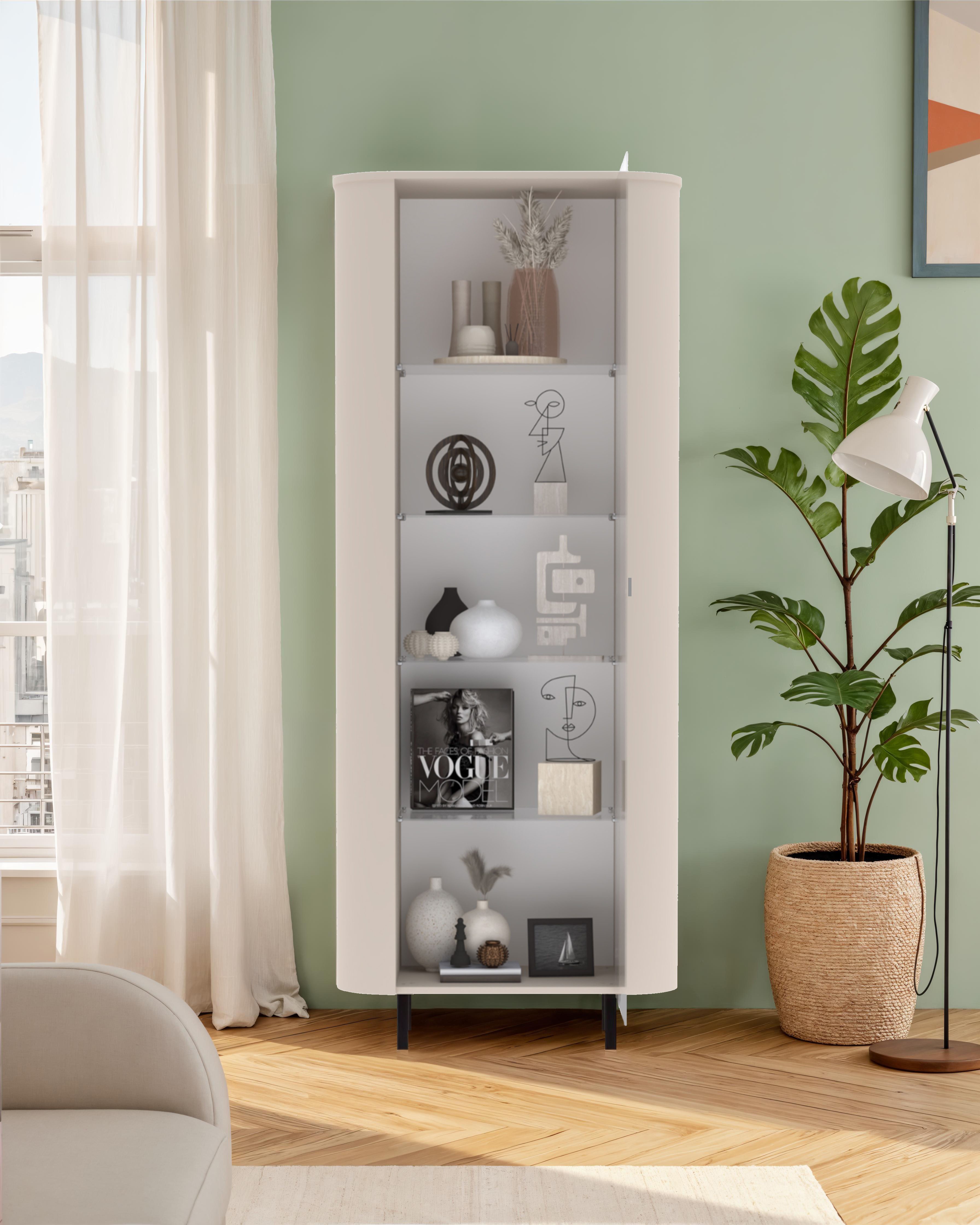 OTTO home Vitrine Lido, Standvitrine 200 cm hoch, 1 Tür, Glasvitrine, Vitrinenschrank Gebogenes MDF, Stirnseiten mit Rundung, Metallfüße, dekorativ & edel