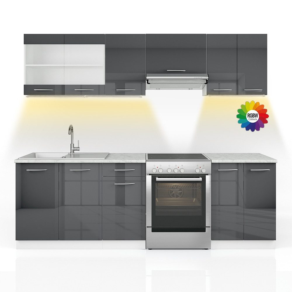 Vicco Küchenzeile Raul, Anthrazit/Weiß, 240 cm, AP Marmor mit LED-Leisten