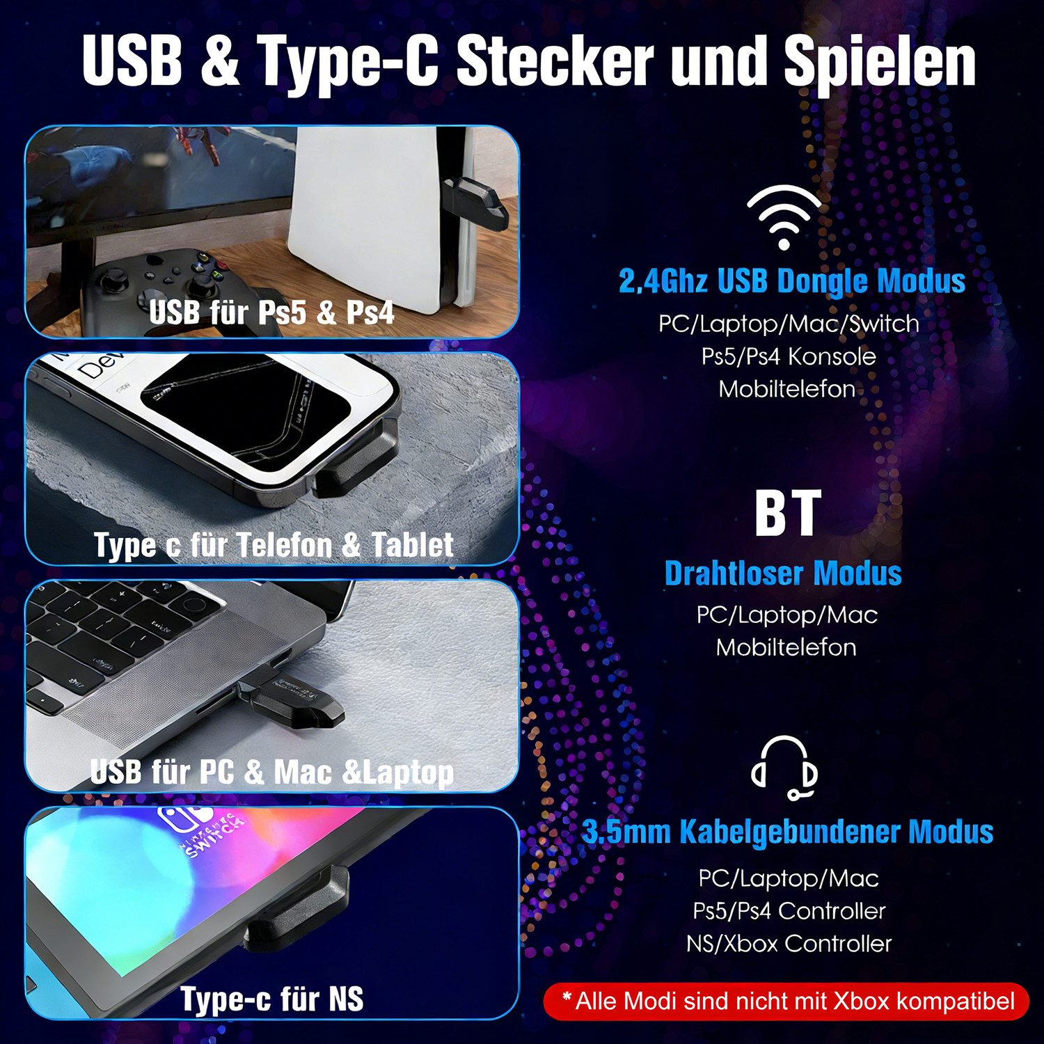 Fyrove 2.4G Wireless Gaming Headset für PC/PS5/PS4/Xbox, Kabelloses Kopfhörer Gaming-Headset (Rauschunterdrückung, 1000 mAh Akku für über 35 Stunden Laufzeit (o – Bild 4 von 5