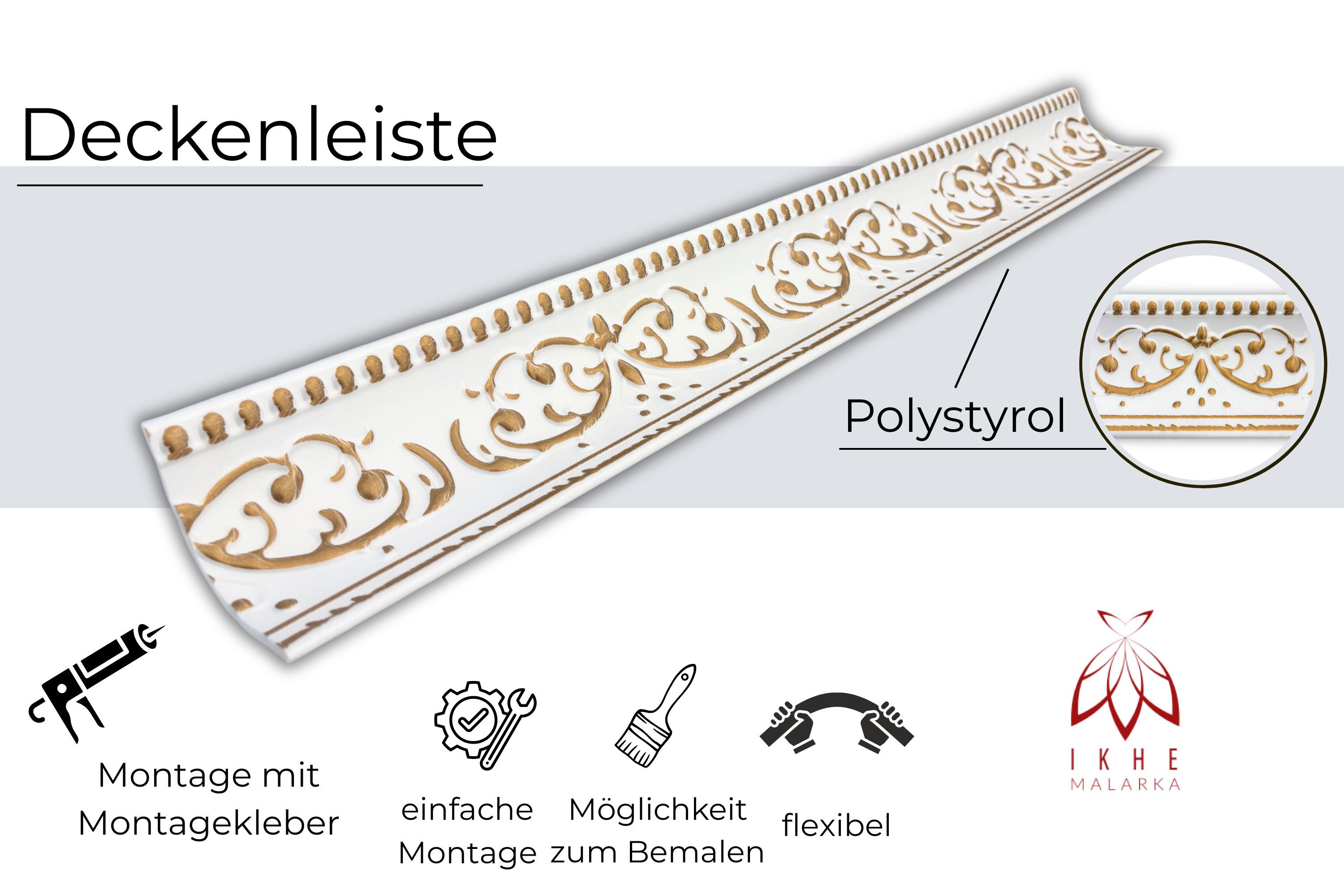 IKHEMalarka Deckenleiste Stuckleisten aus XPS Polystyrol – weiße Zierleisten 1 Meter, Kleben Montagekleber (z. B. Pattex DK Flex 1000), 1 Stück = 1 Meter Länge, – Bild 5 von 5