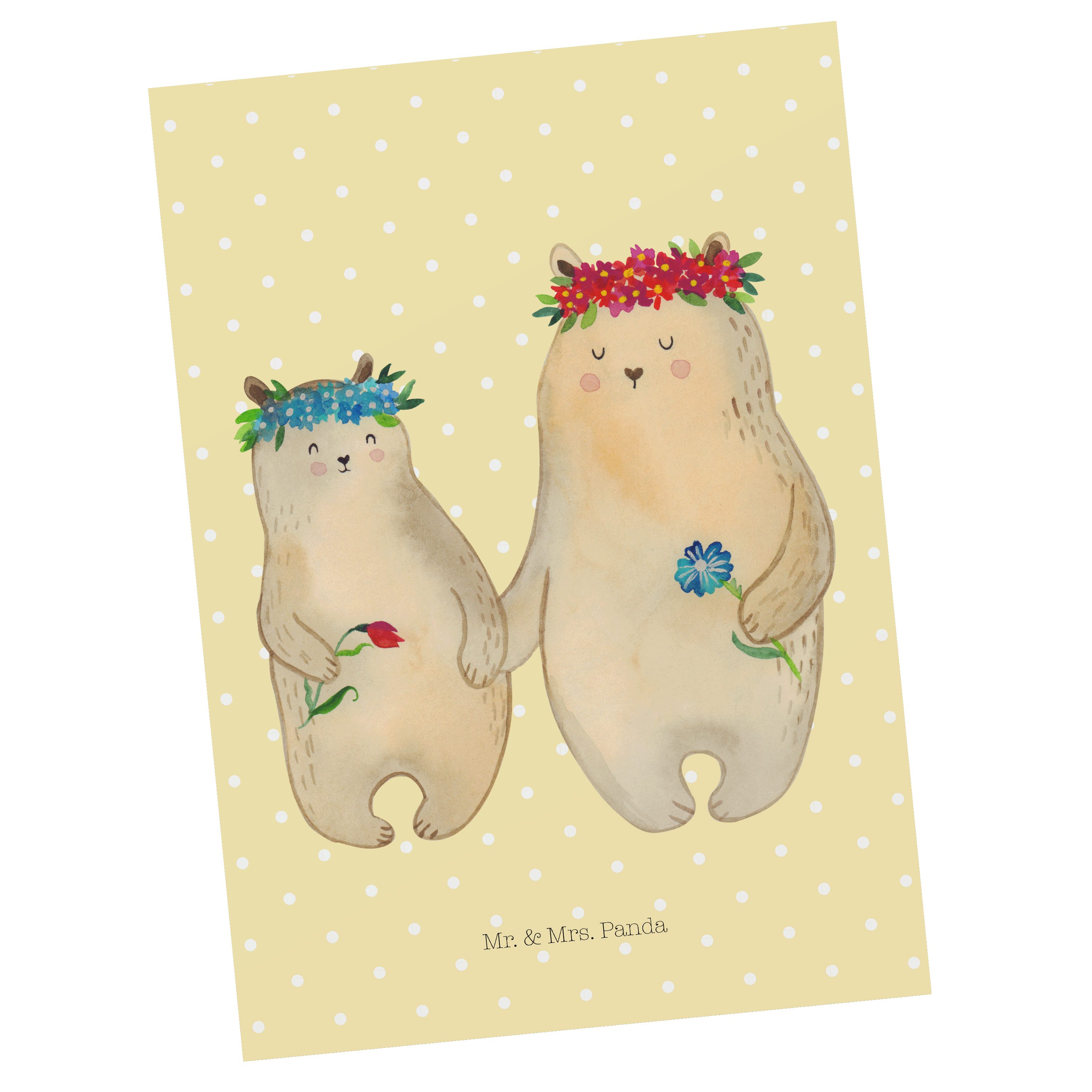 Mr. & Mrs. Panda Postkarte Bären mit Blumenkranz - Gelb Pastell - Geschenk, Geschenk Mama. Mutte