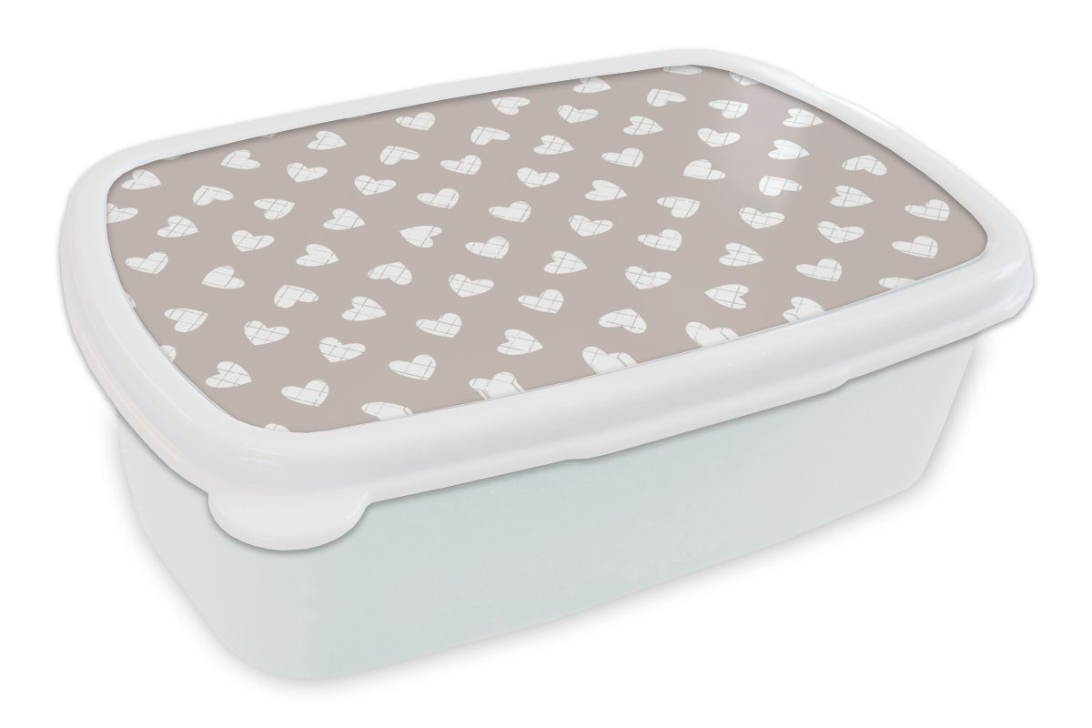 MuchoWow Lunchbox Design - Linie - Muster - Herz - Grau, Kunststoff, (2-tlg), Brotbox für Kinder und Erwachsene, Brotdose, für Jungs und Mädchen weiß