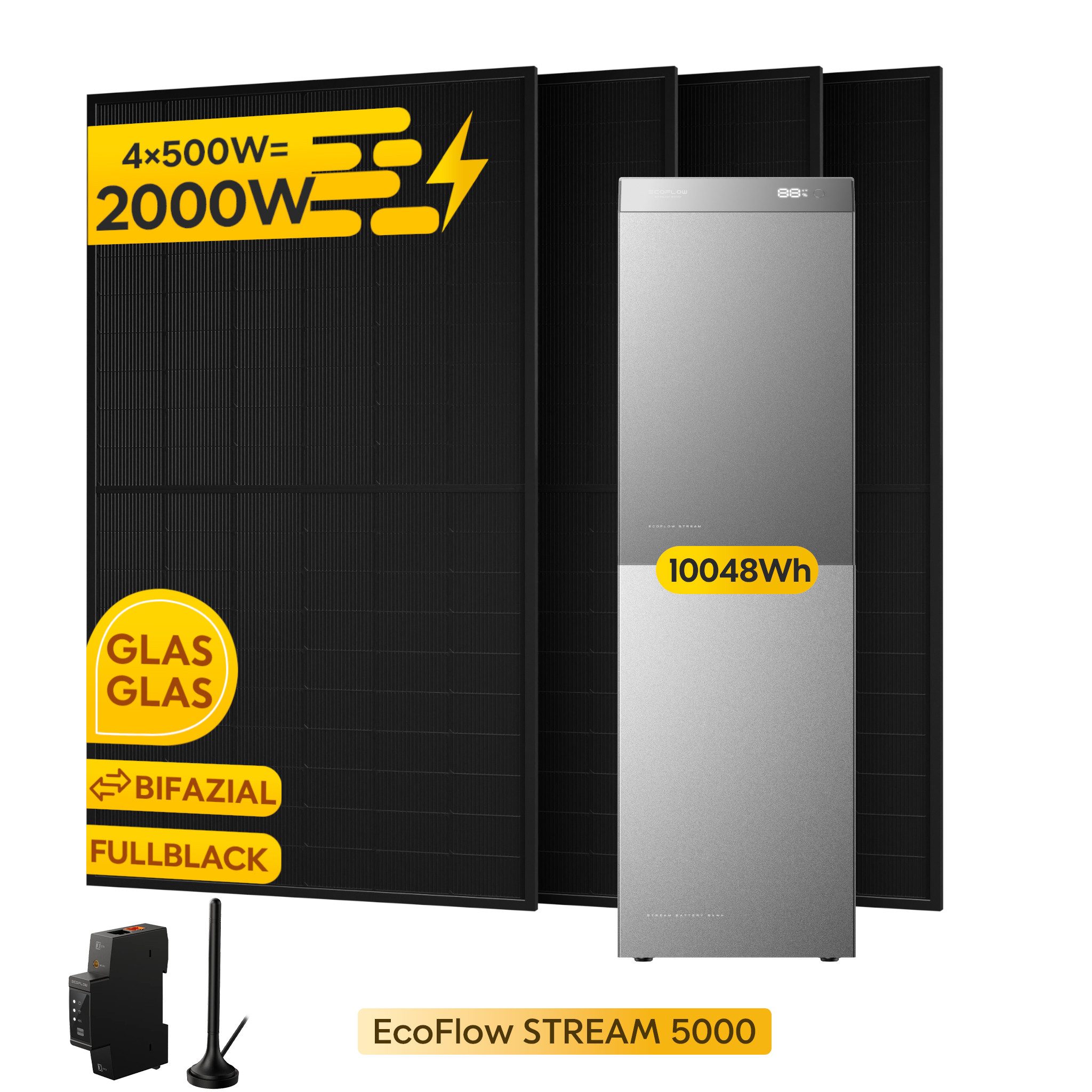 Ecoflow Balkonkraftwerk EcoFlow STREAM 5000 Speicher mit EB 5000 Zusatzbatterie, 10.048 Wh, (mit 4x 500Wp Solarmodule und Smart Meter), inkl. Halterung (Optional)