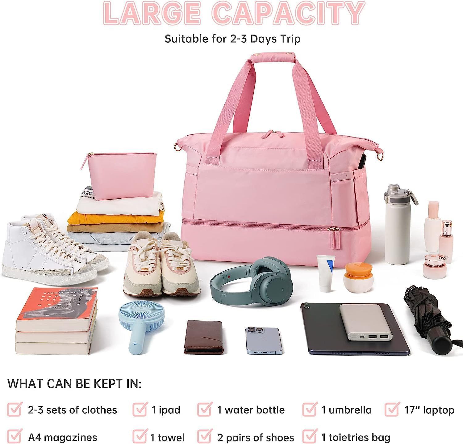 AURIVION Handtasche Sporttasche mit USB & Feucht-Trocken-Trennung für Reisen (Set, 2-tlg., Reise Handtasche für Damen & Herren, praktisch & vielseitig), Weekender Fitness Tasche für Gym, Urlaub & Übernachtung