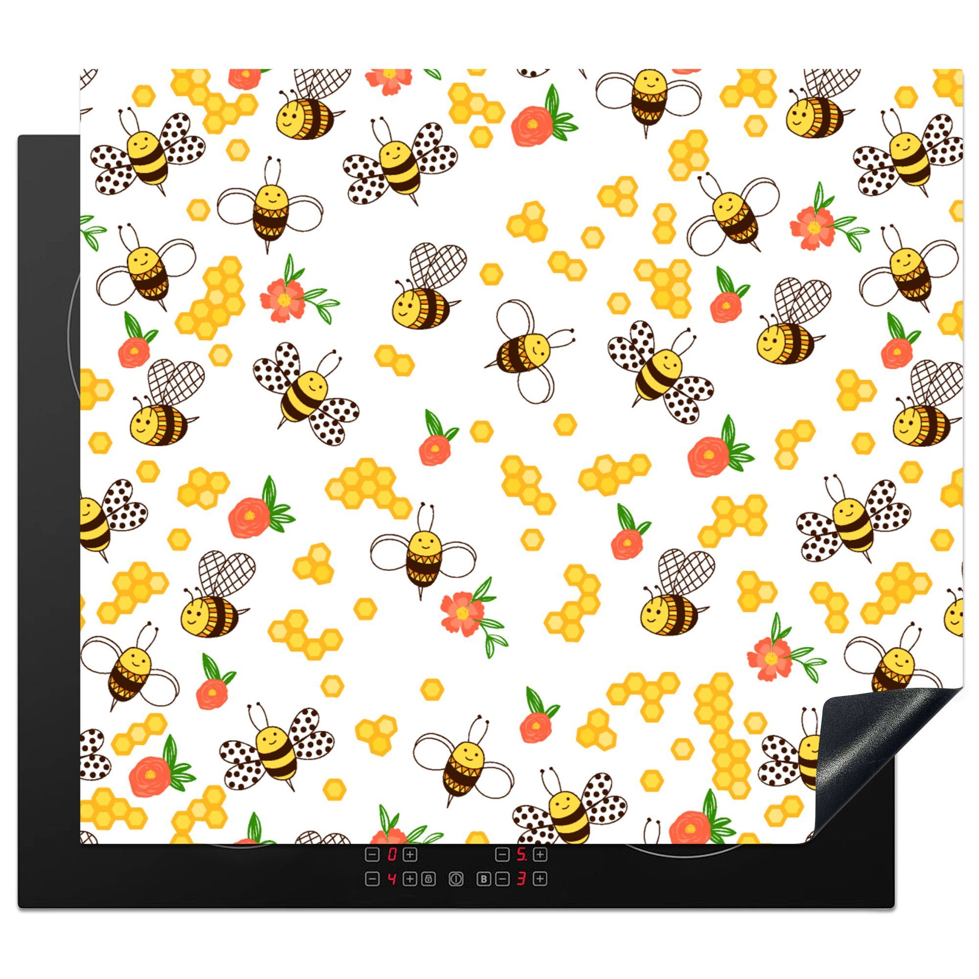 59x52 tlg), Honig (1 küche, Frühling, Vinyl, - Ceranfeldabdeckung Blumen die - - Biene für Induktionsmatte MuchoWow cm, Herdblende-/Abdeckplatte