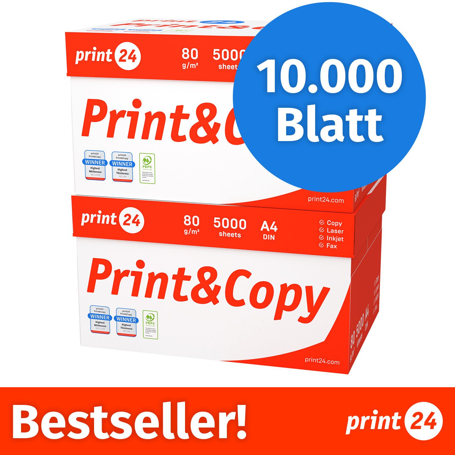 print24 Drucker- und Kopierpapier Kopierpapier 10000 Blatt A4 80g Premium Weiß PEFC zertifiziert, PEFC-Zertifikat (GFA-PEFC-COC-500582)